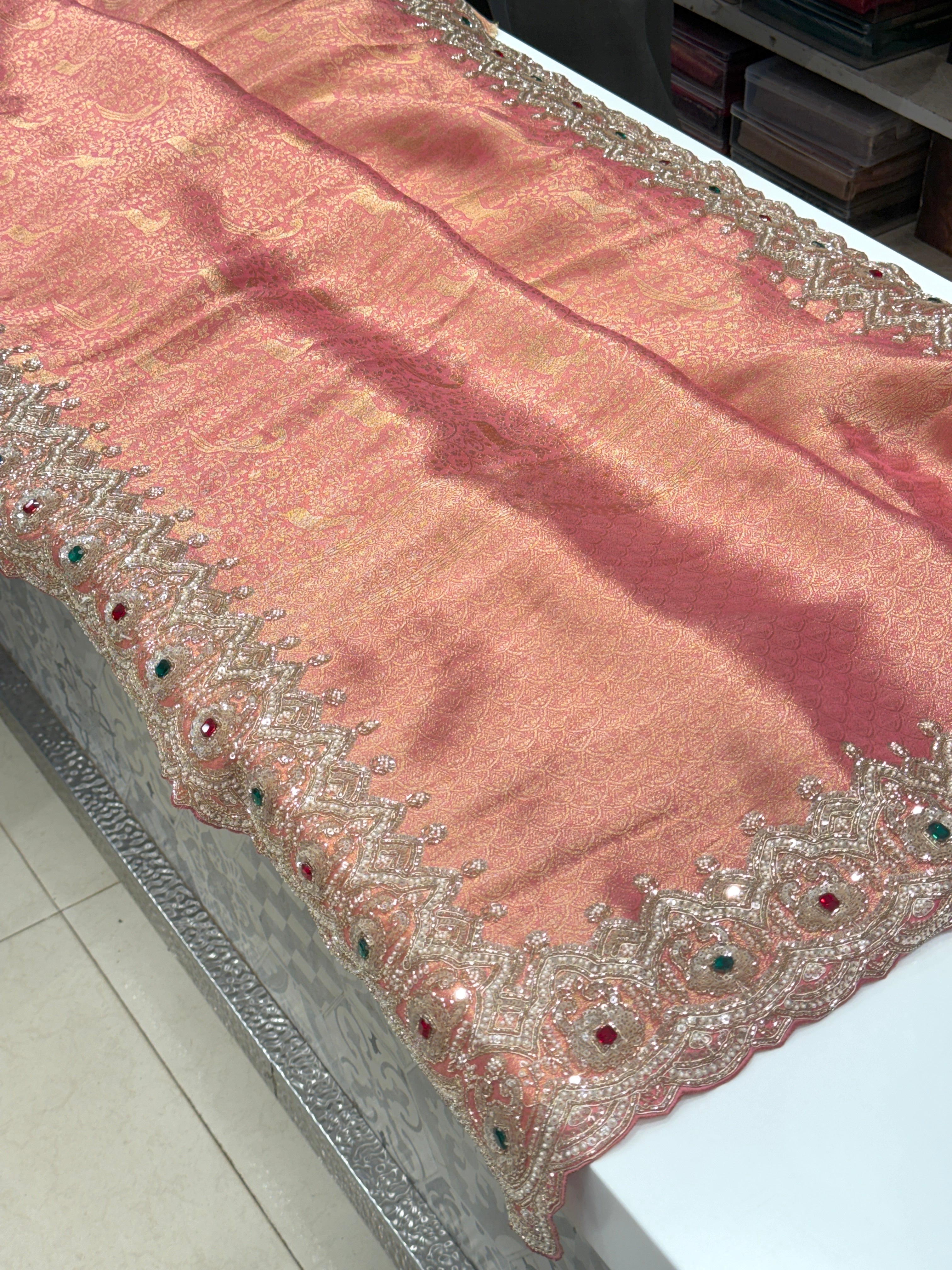 Peach Pink Tissue Crepe Shikara Style Weave Crystal Embroidery Saree