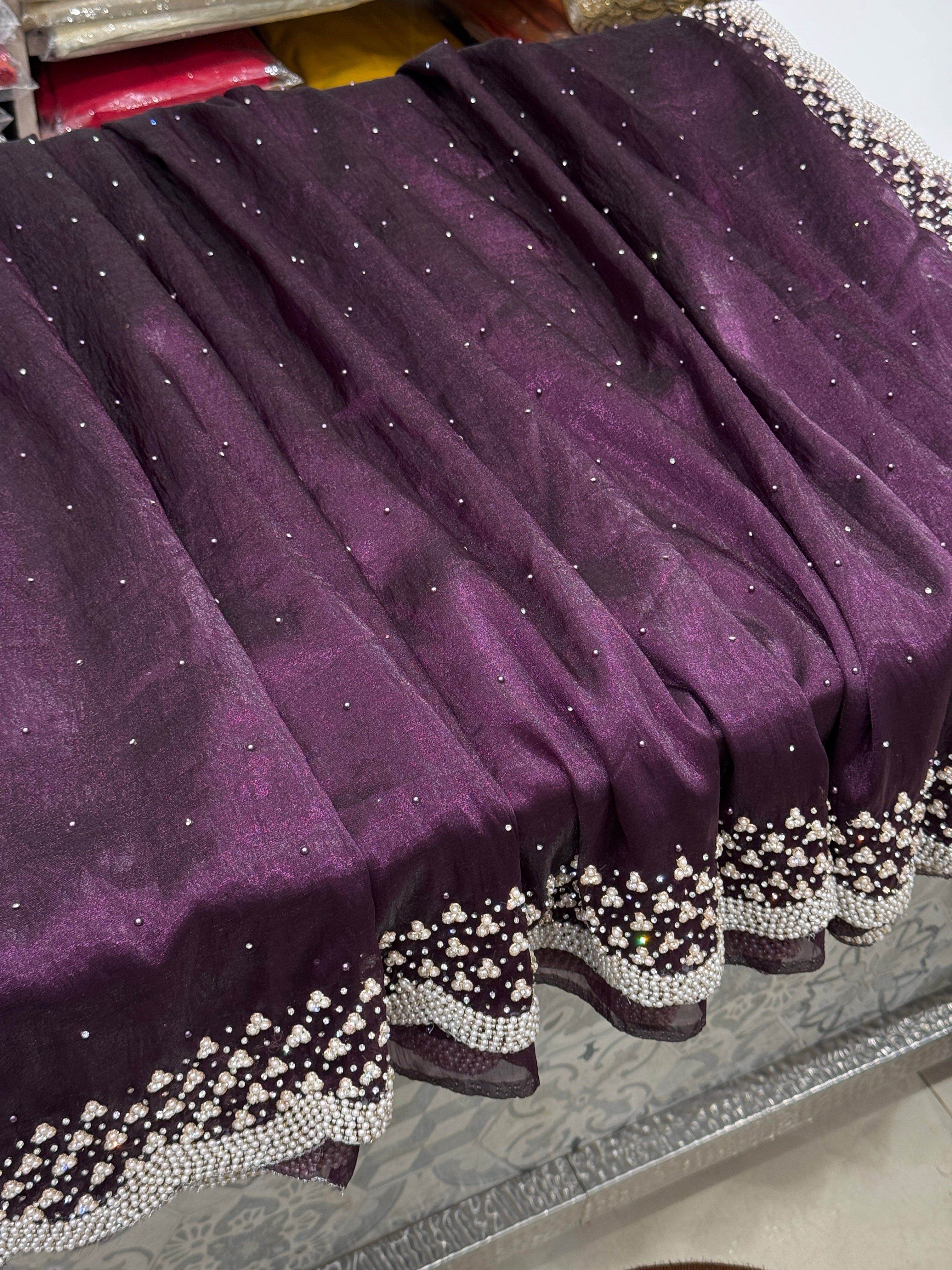 Violet Tissue Organza Moti Embroidery Saree