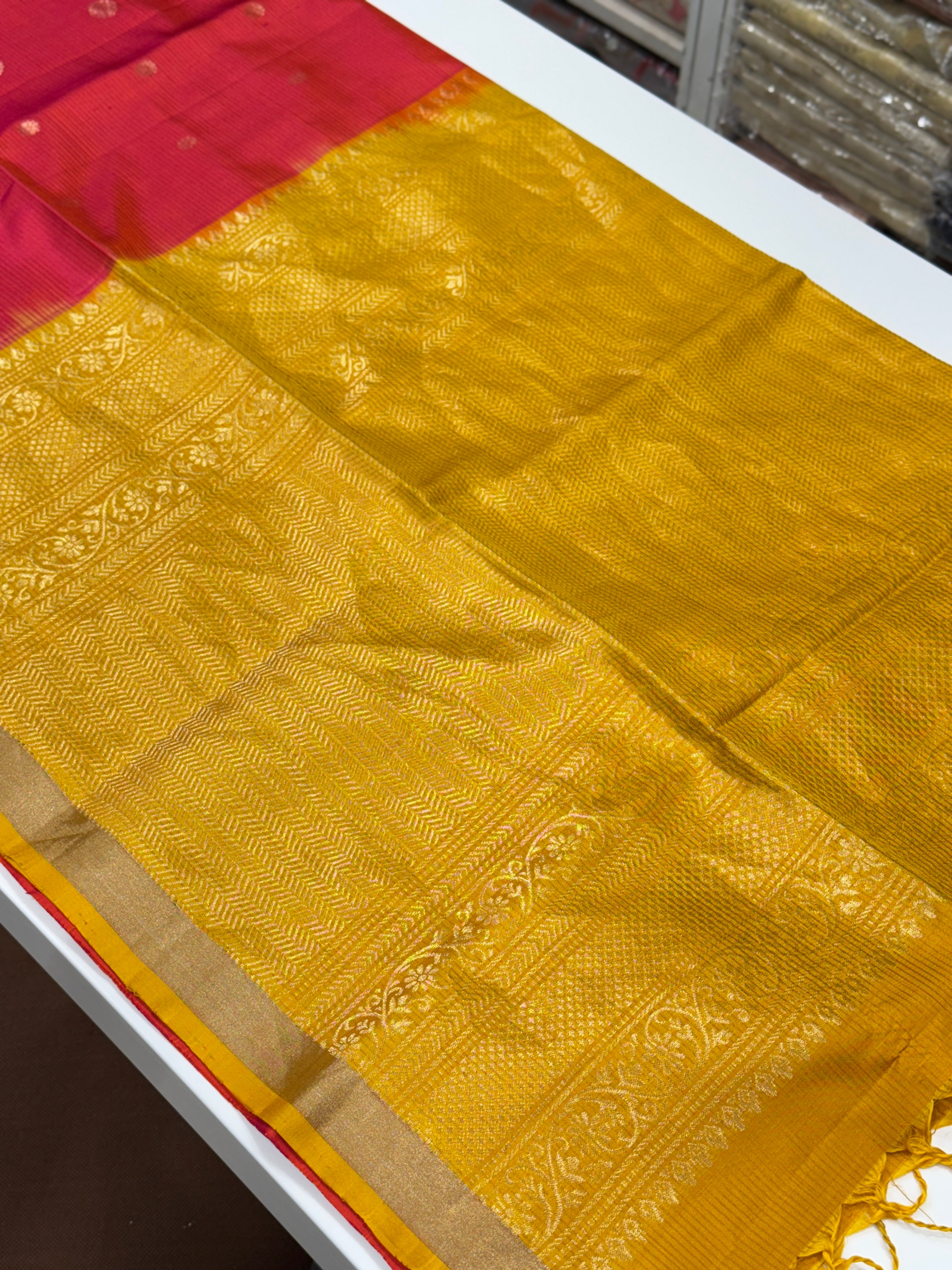Rani with Yellow Buttis Handloom Kanchipuram Pure Silk Saree