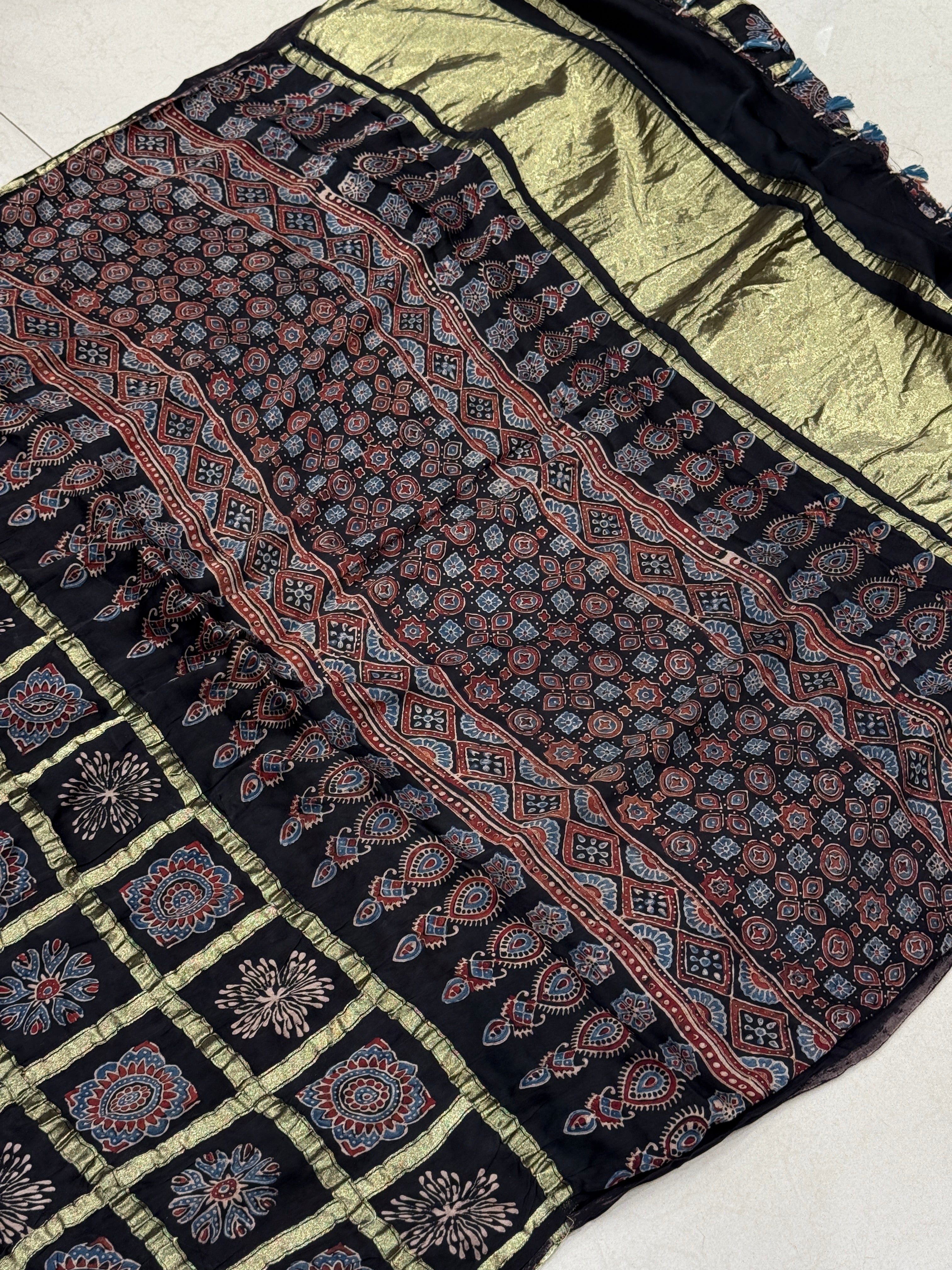Black Ajrakh Lagdi Pata Gharchola Style Saree