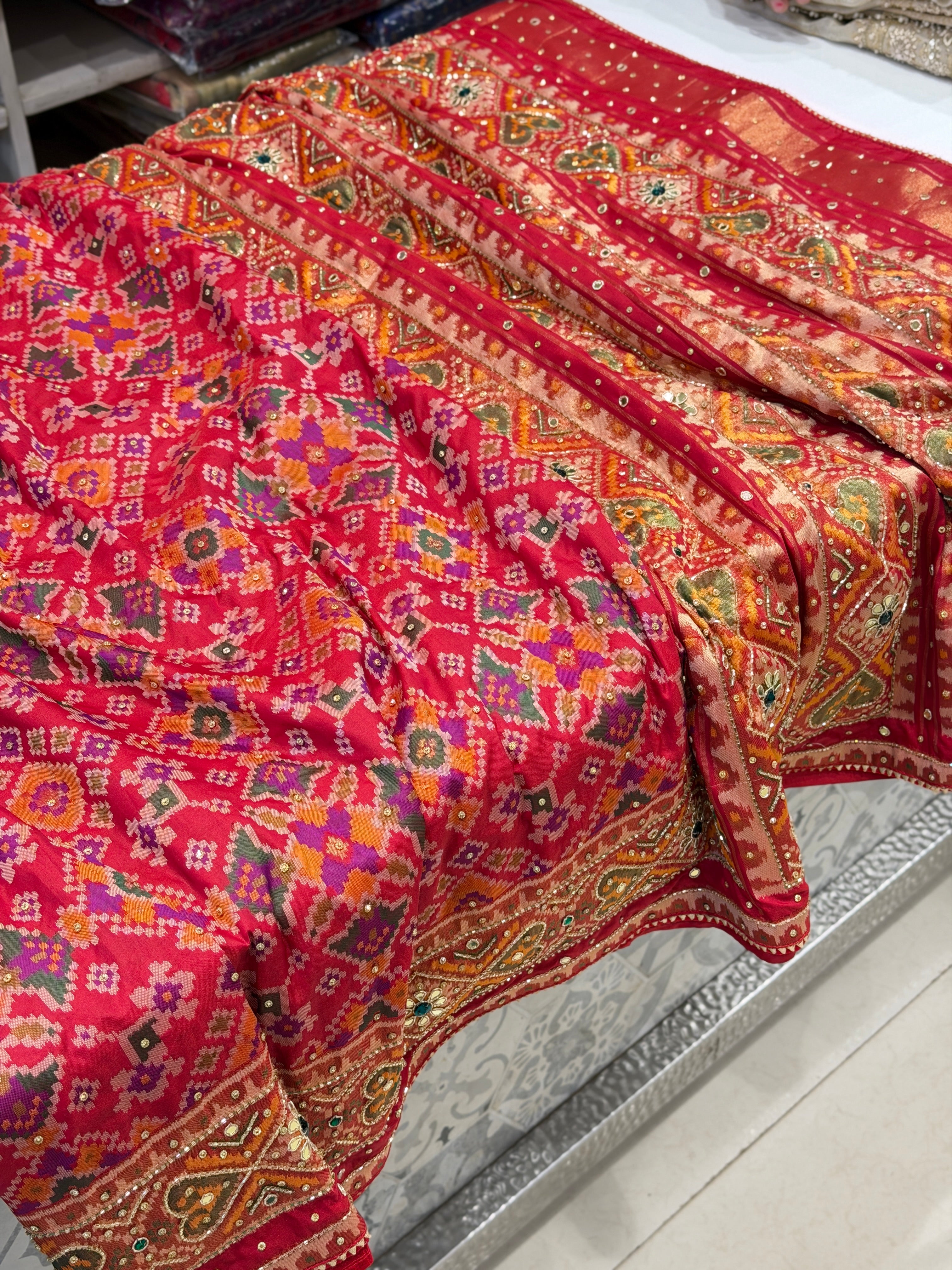 Red Patola Crystal Hand Embroidery Saree