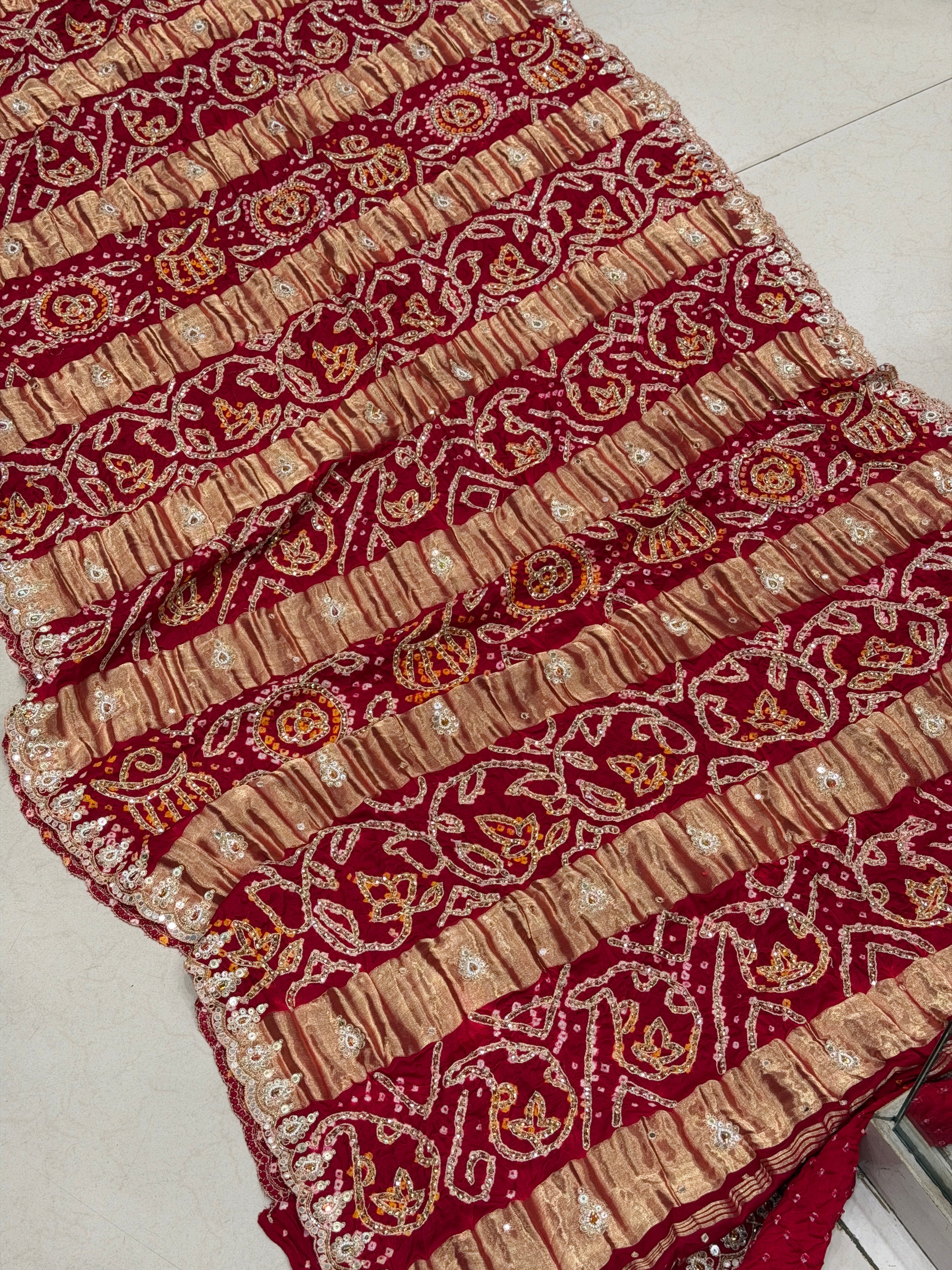 Maroon Half Half Gajji Silk Rai Bandhej Tila Hand Embroidery Saree