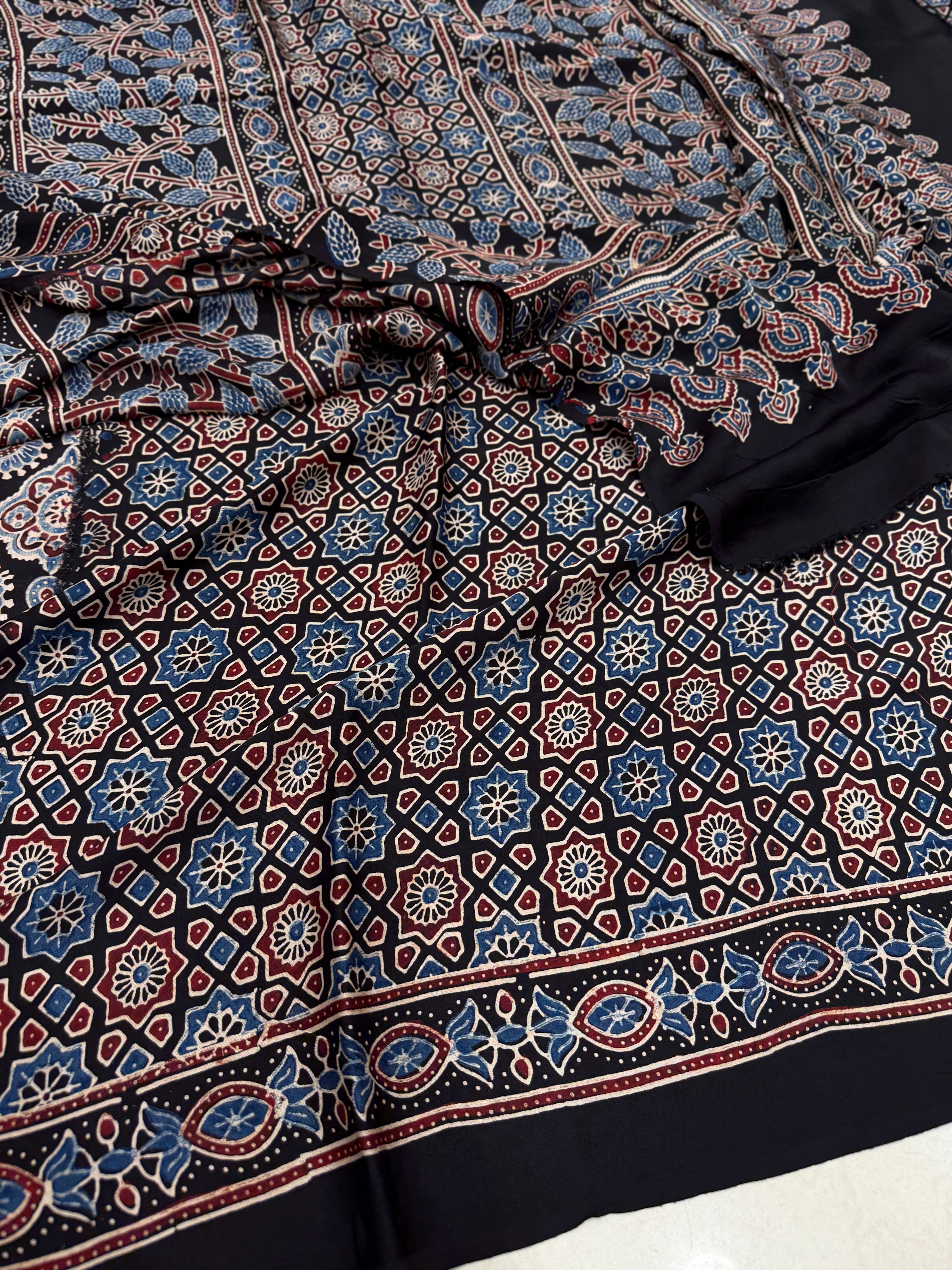 Black Geometric Circles Ajrakh Hand Block Print Pure Modal Silk Saree