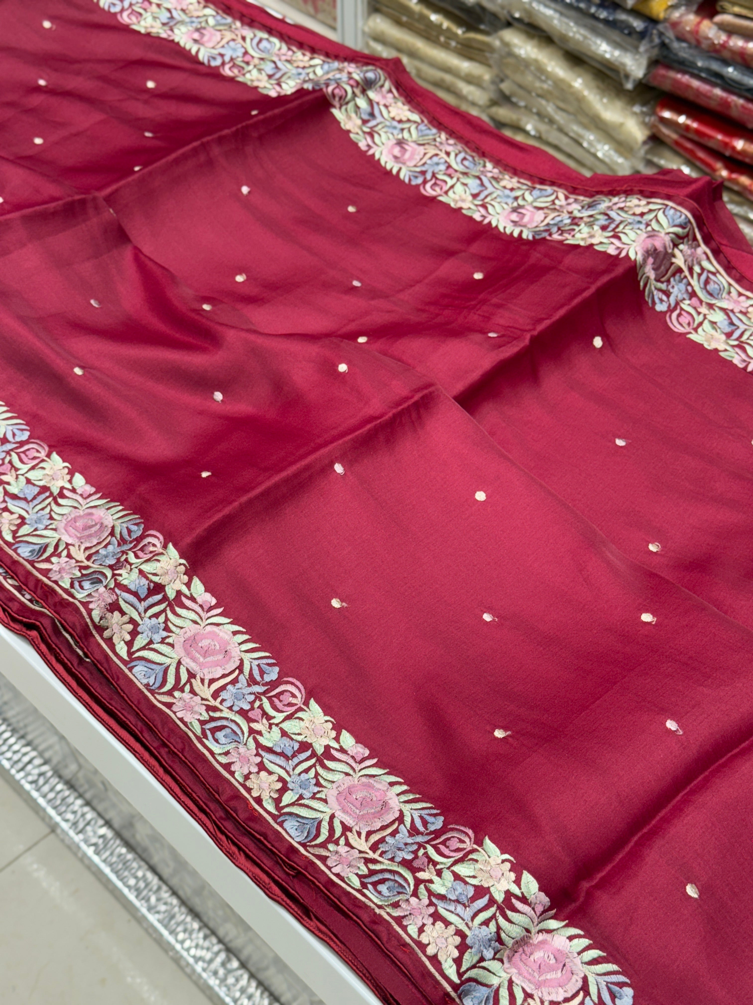 Maroon Silk Multi Colour Border Gara Border Saree