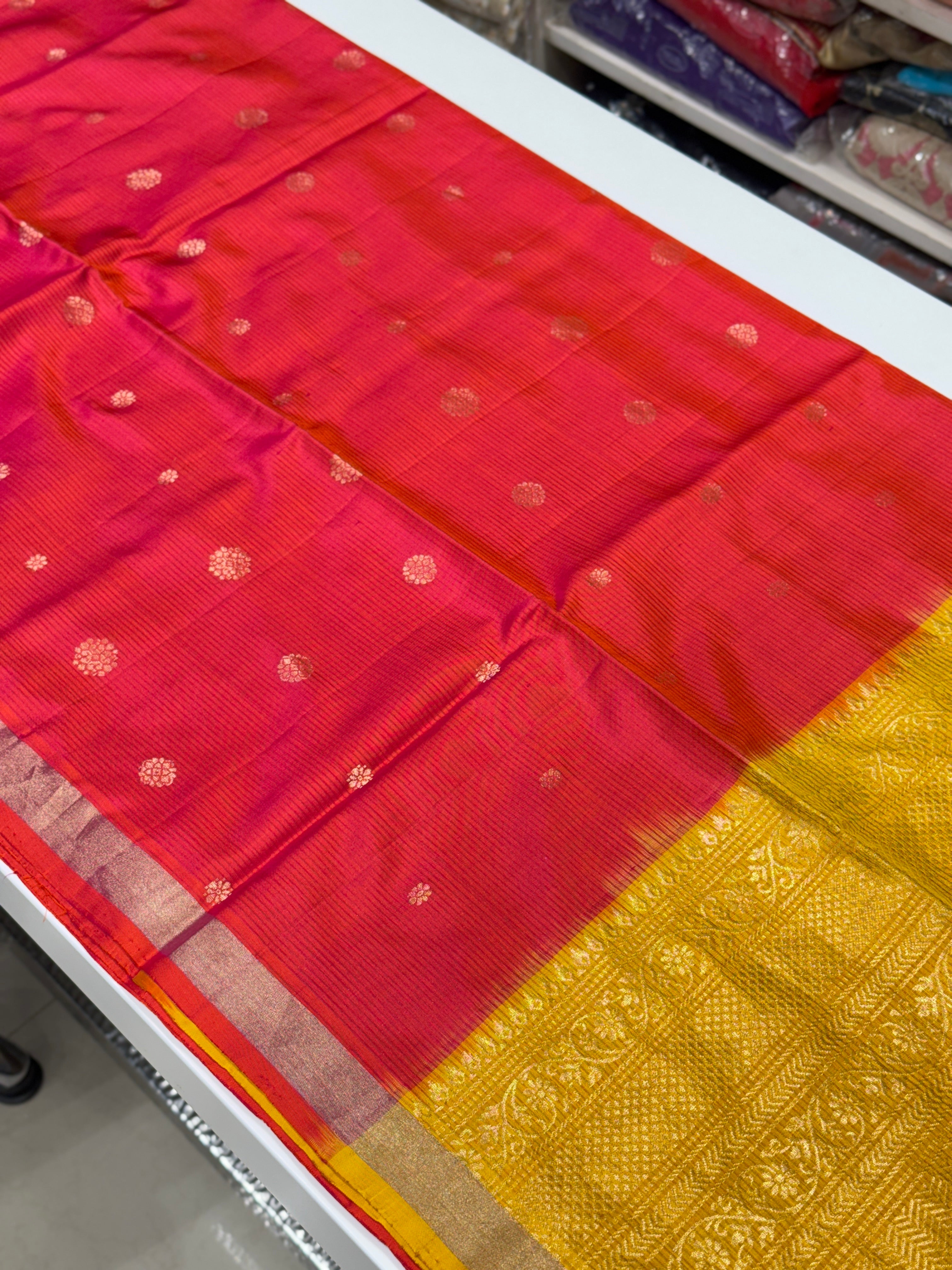Rani with Yellow Buttis Handloom Kanchipuram Pure Silk Saree
