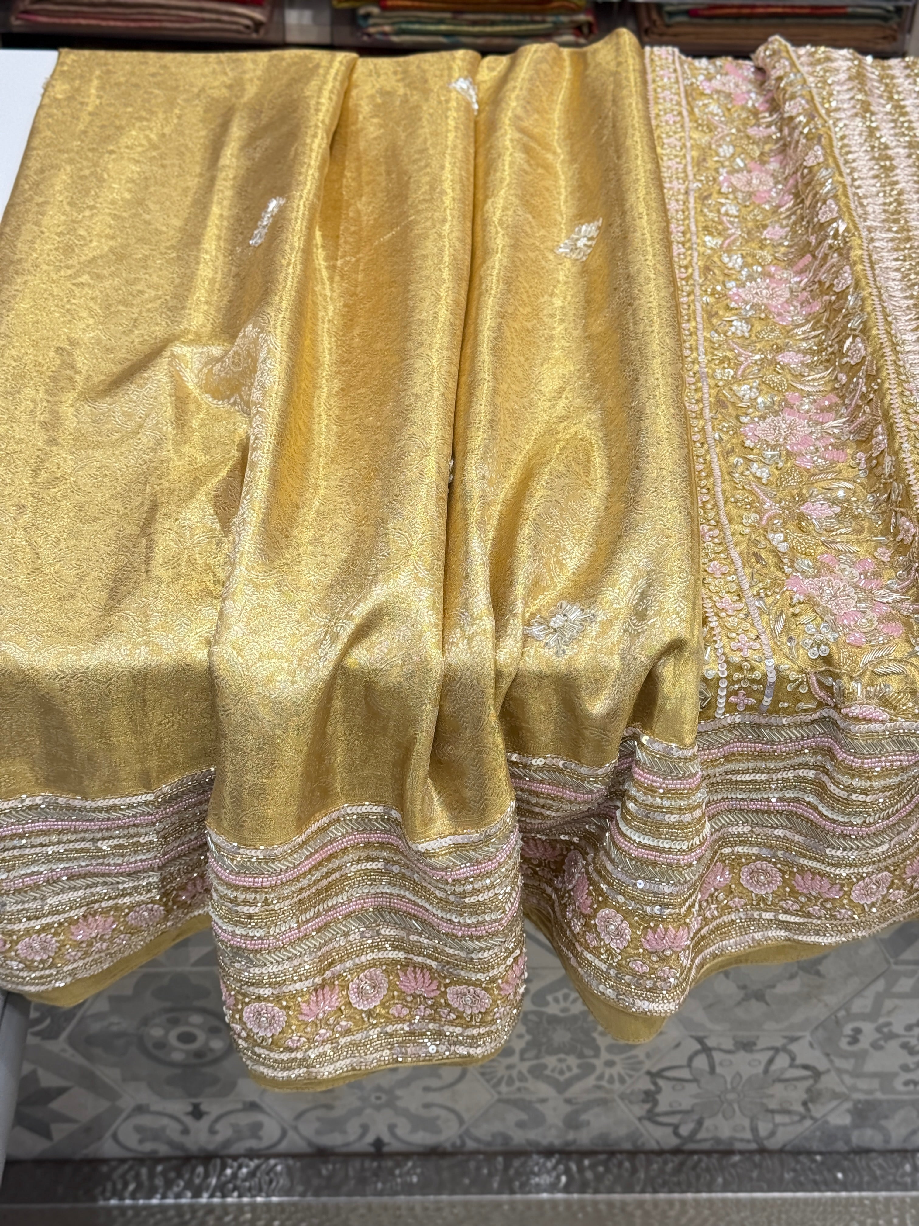 Gold Tissue Jaal Kanjivaram Hand Embroidery Saree