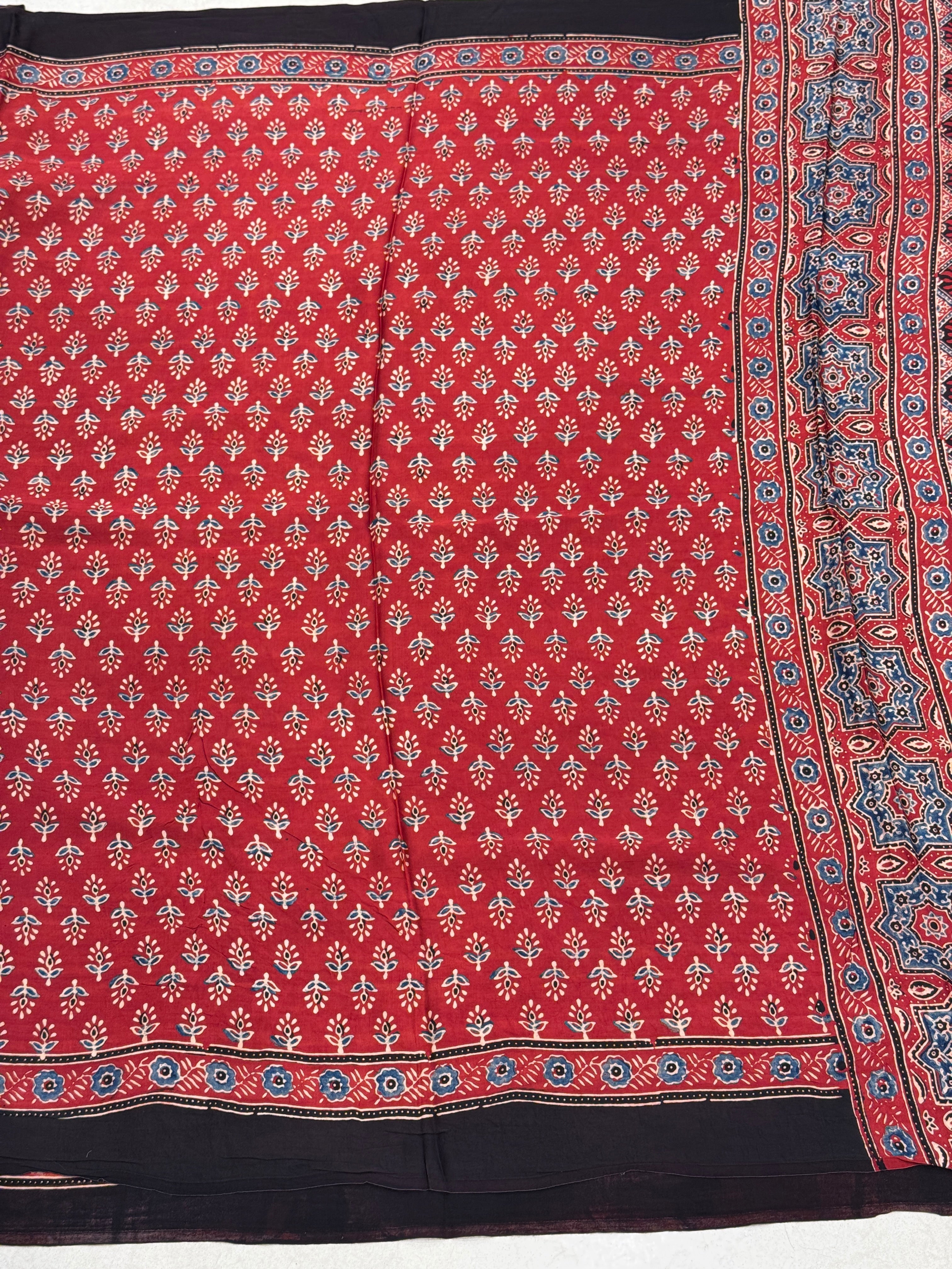 Red Buttis Ajrakh Saree Modal Gajji Silk Hand Block Print