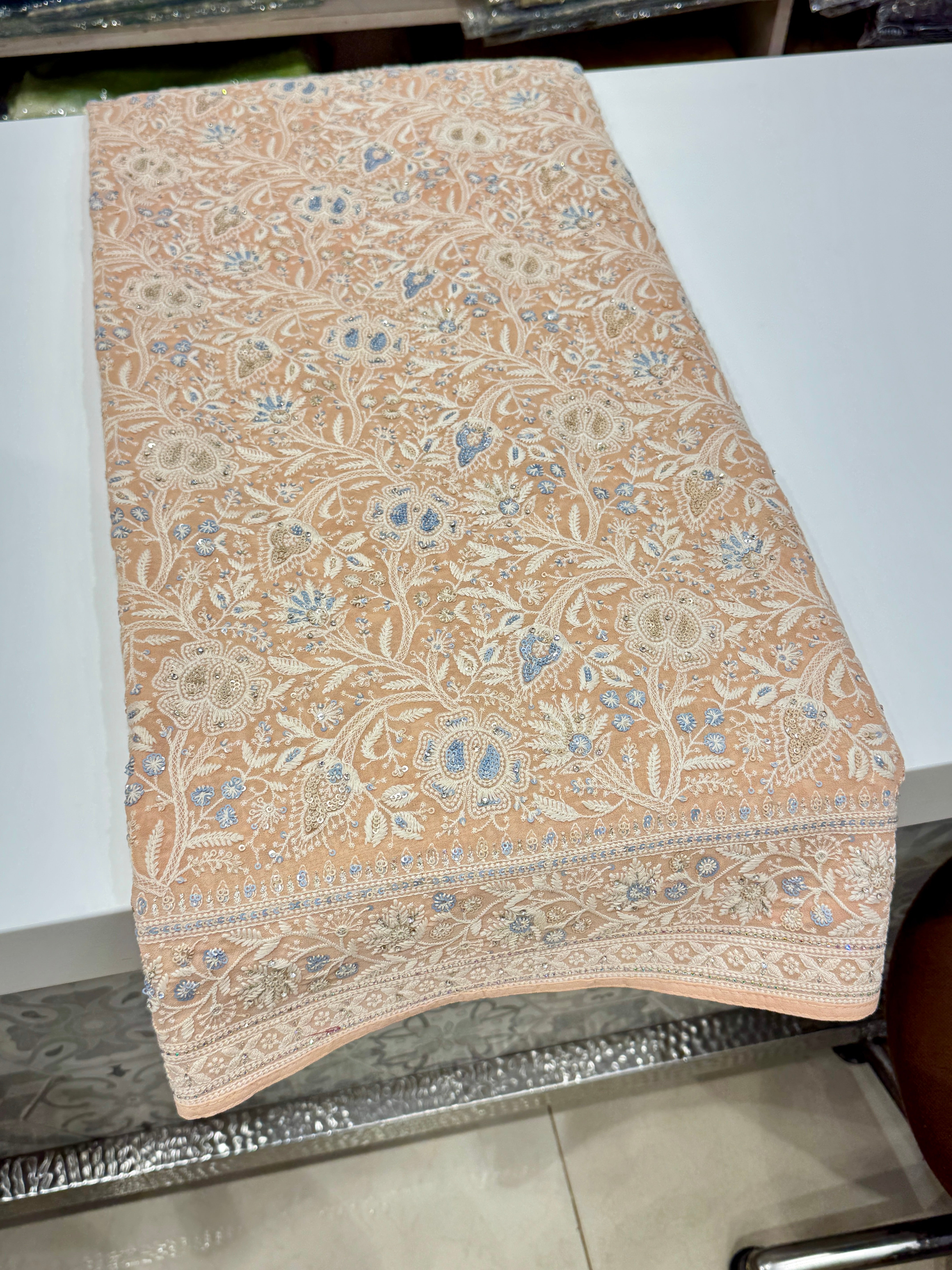 Light Peach Chikankari Saree Floral Design
