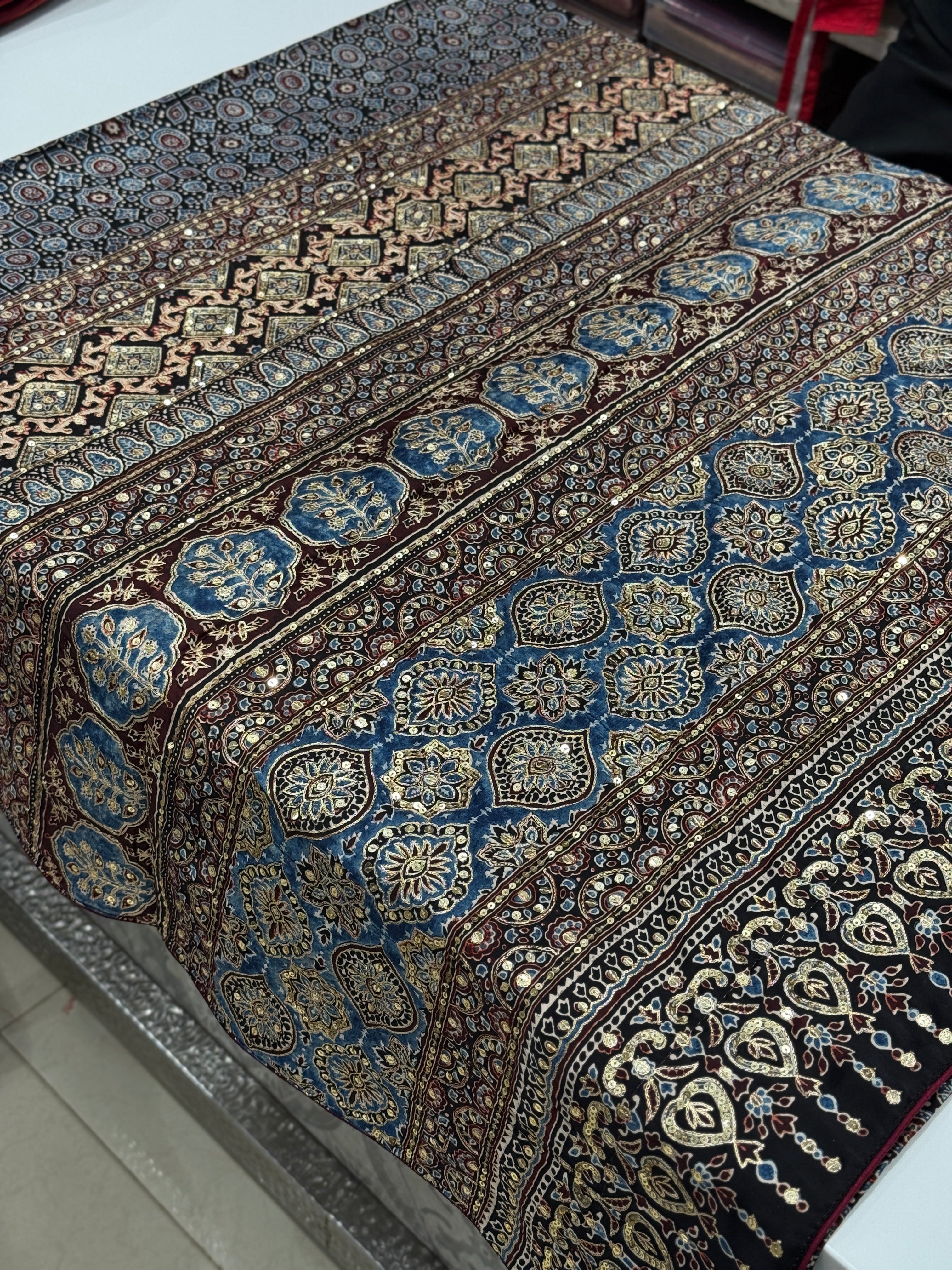 Blue Black Pita Zardosi Sequin Ajrakh Hand Embroidery Saree