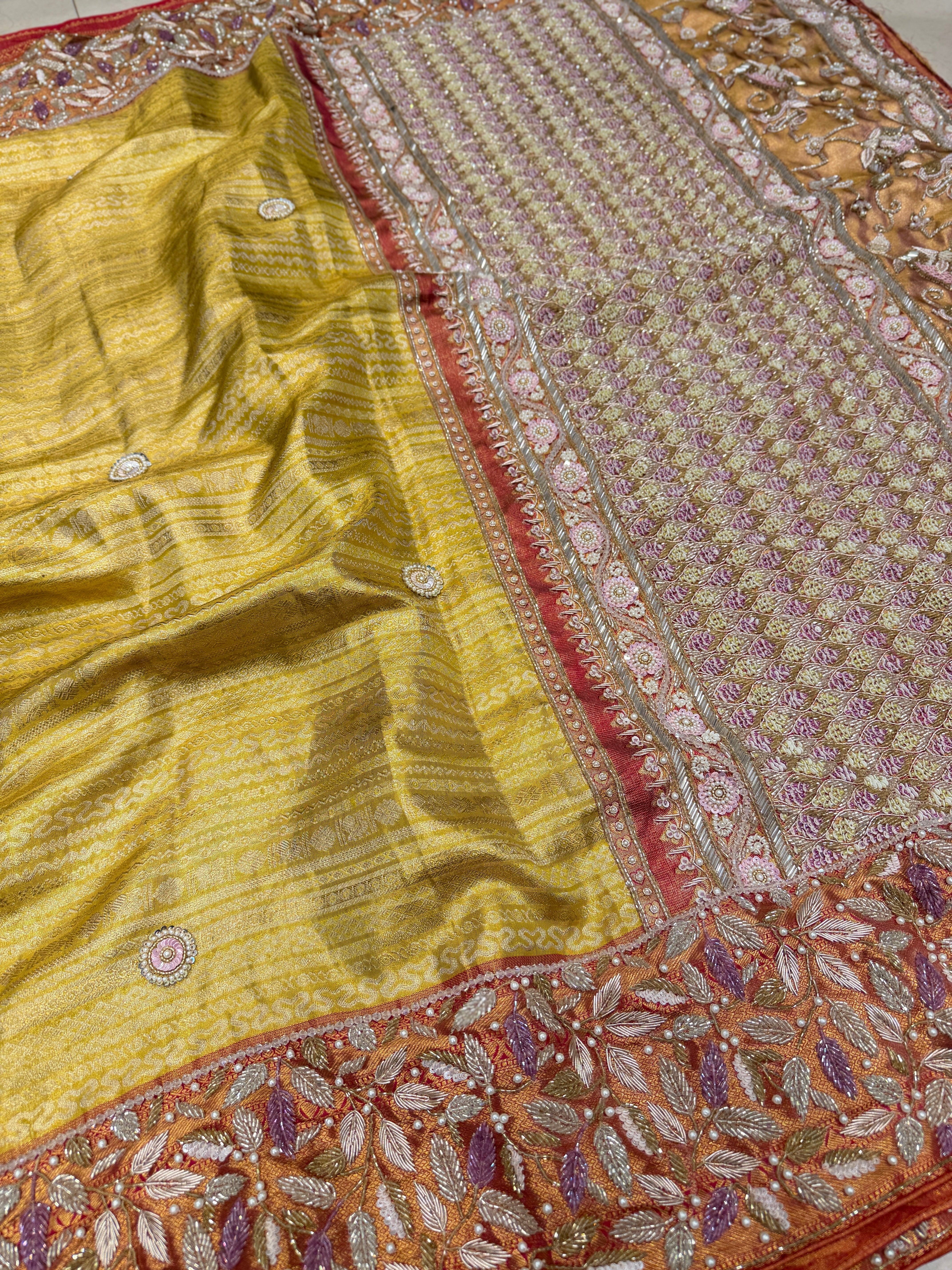 Lime Crimson Kanjivaram Contemporary Moti Zardosi Hand Embroidery Saree