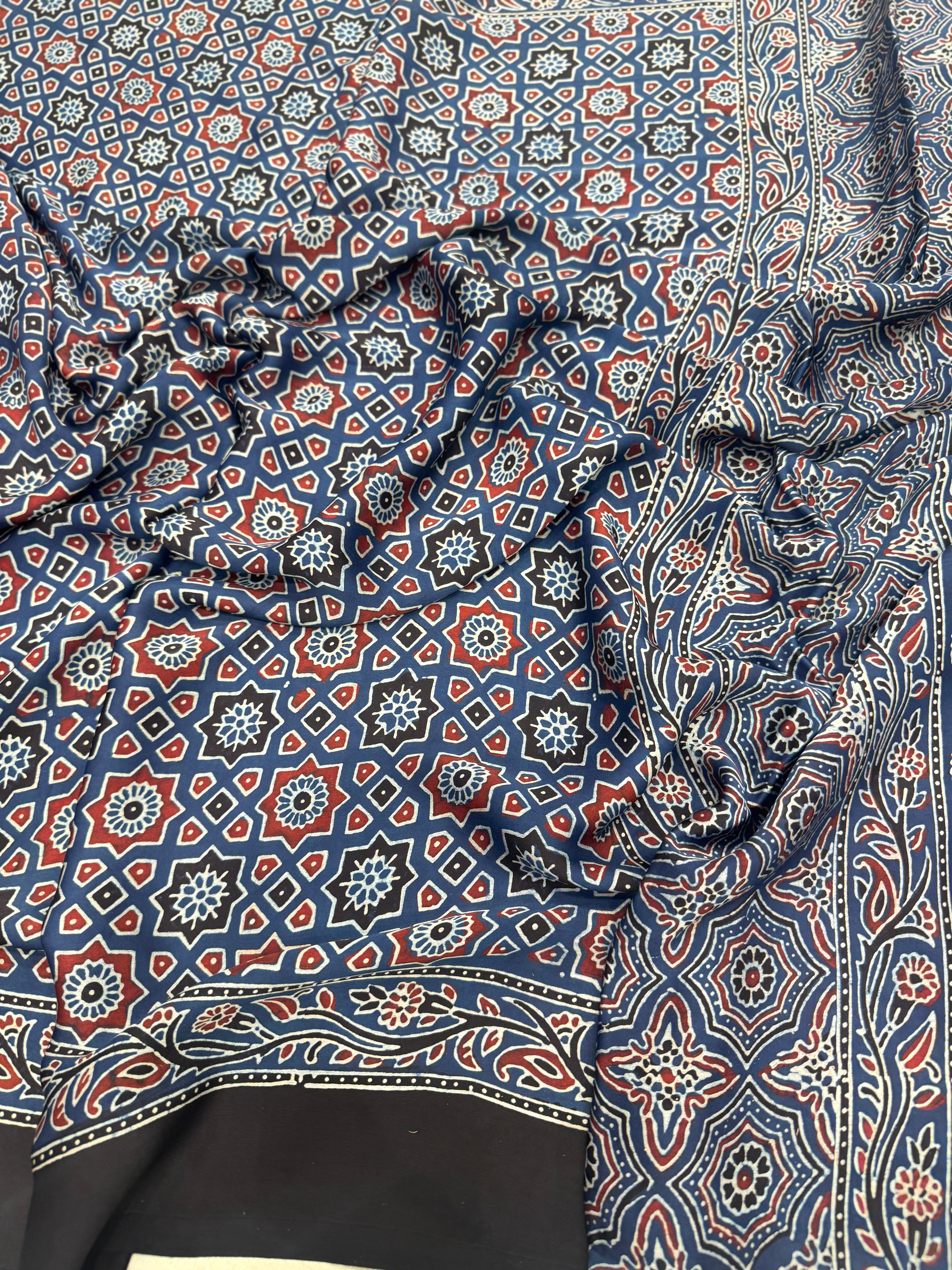 Blue Star Buttas Hand Block Print Ajrkah Pure Gajji Silk Saree
