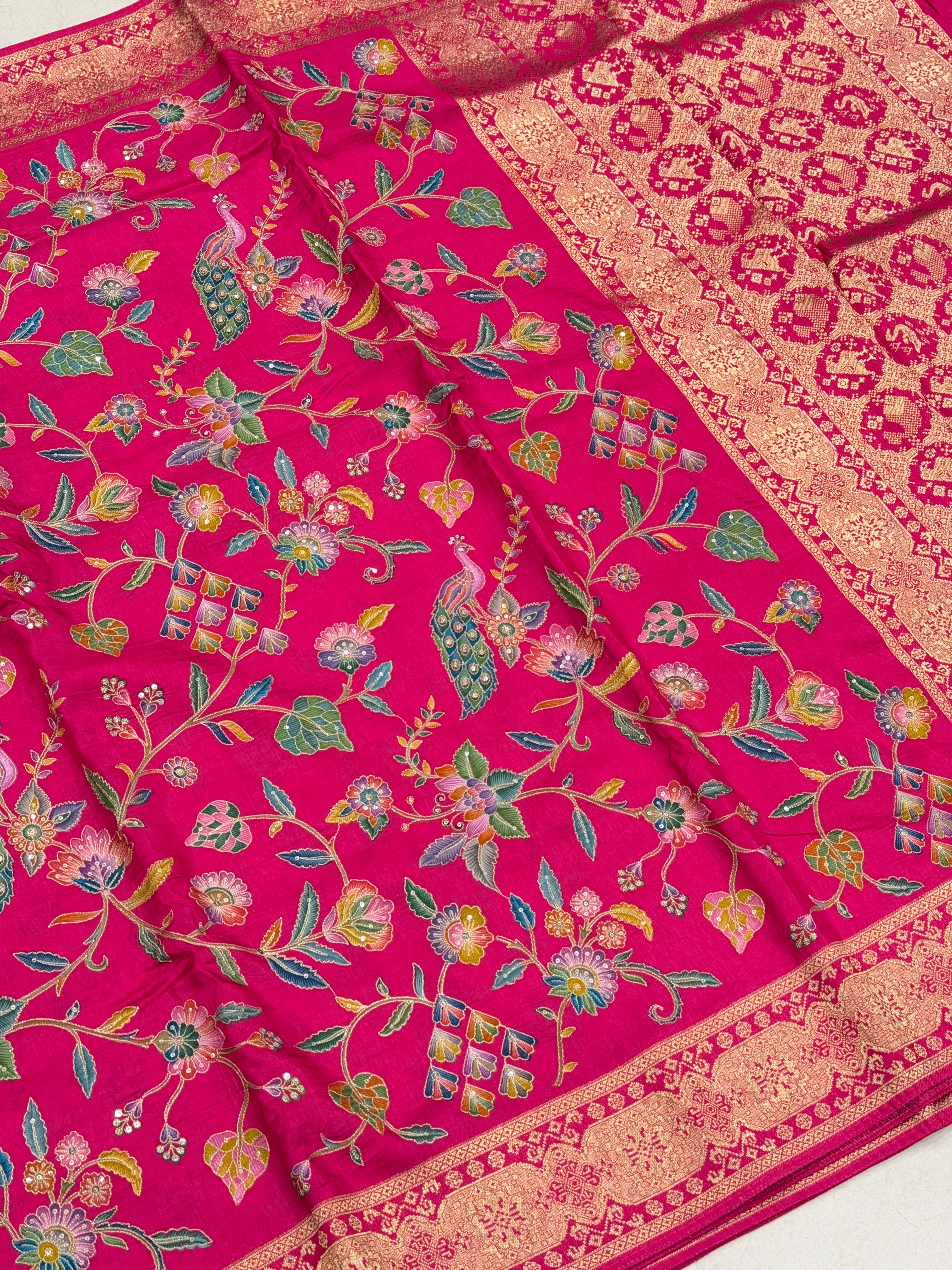 Rani Pink Patola Pallu Banarasi Munga Pita Embroidery Saree