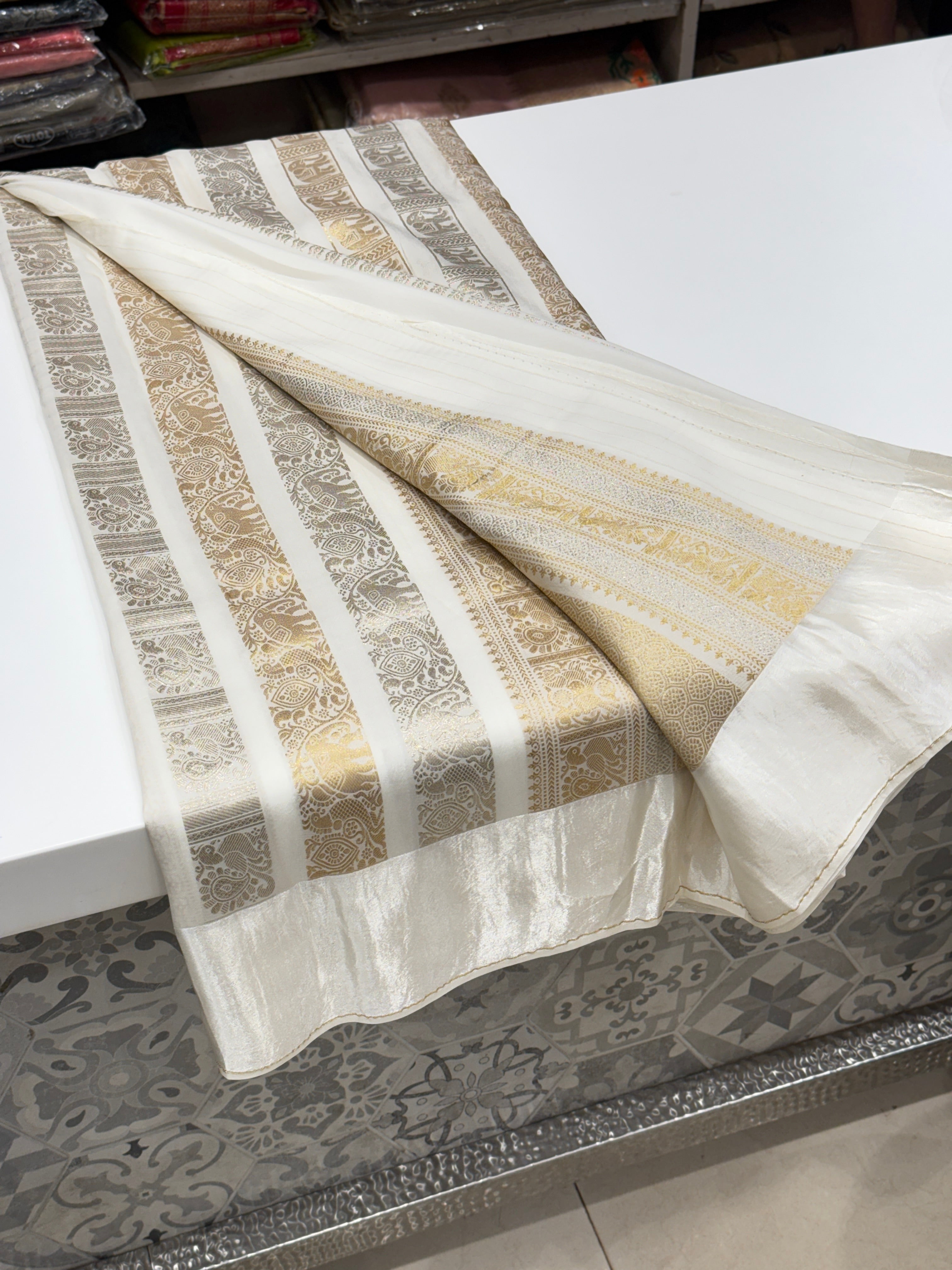 Nita Ambani Inspired White Contemporary Banarasi Saree