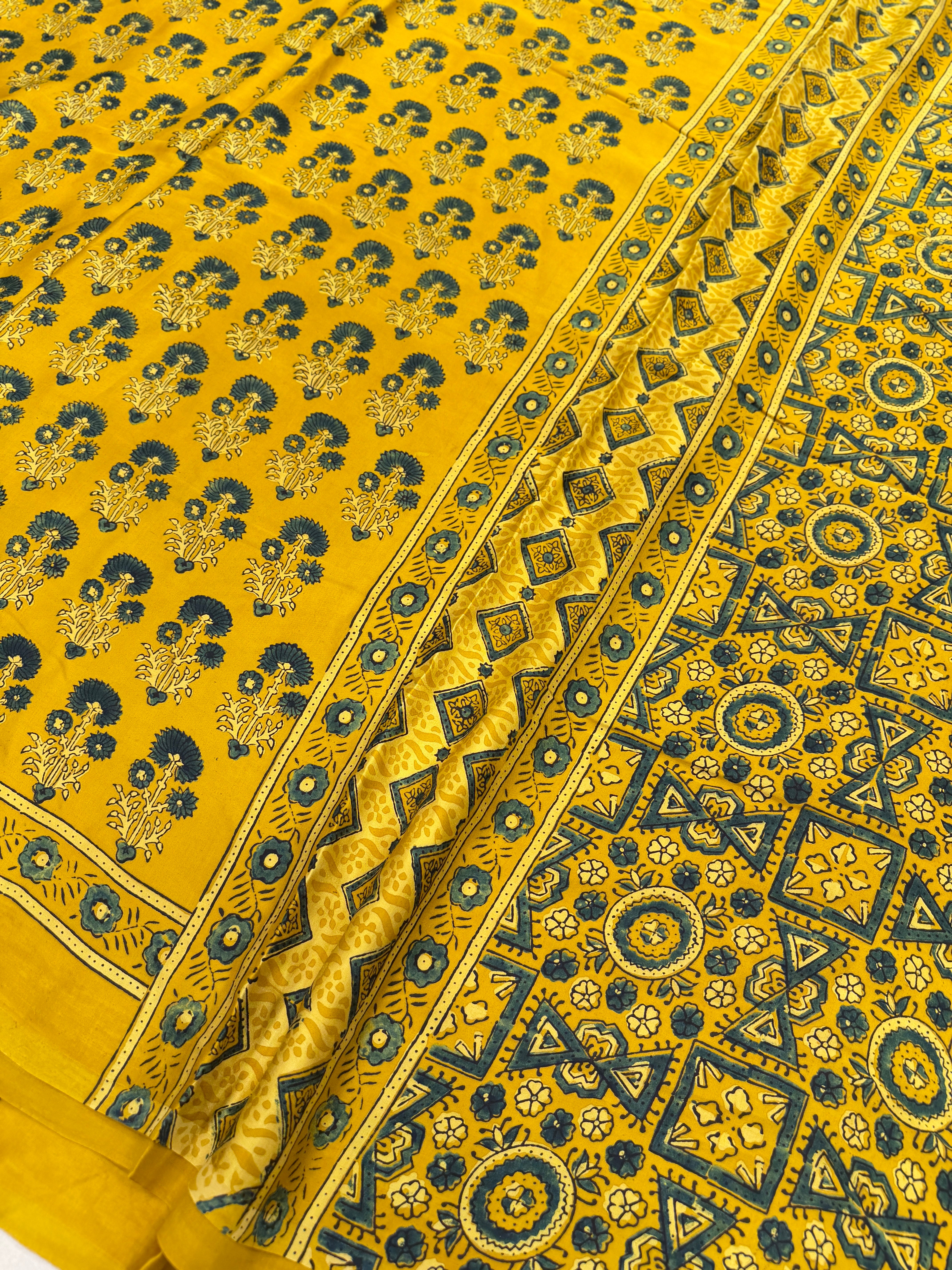 Yellow Floral Buttas Ajrakh Block Print Hand Pure Gajji Silk Saree