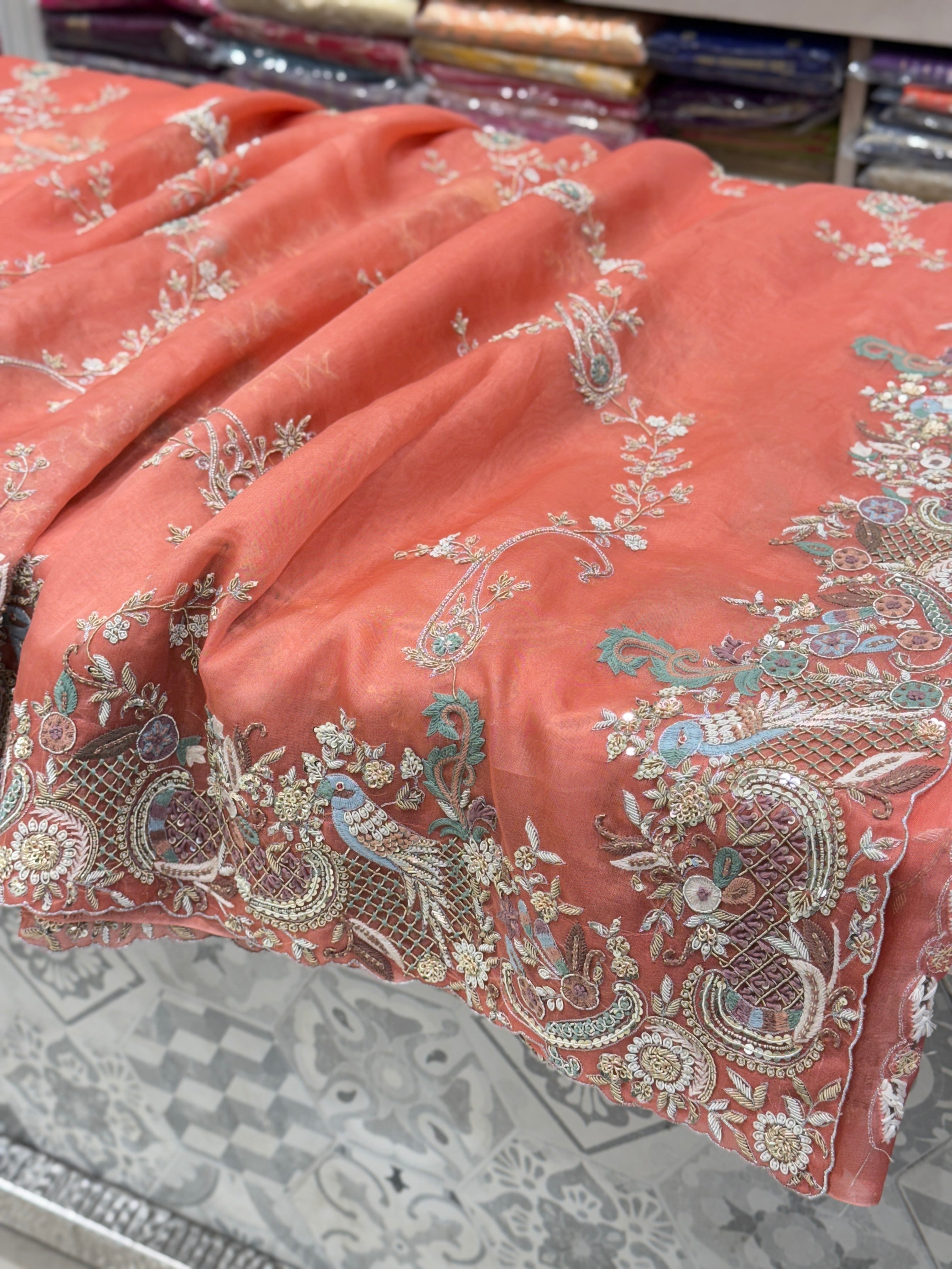 Peach Organza Zardosi Jaal Hand Embroidery Saree