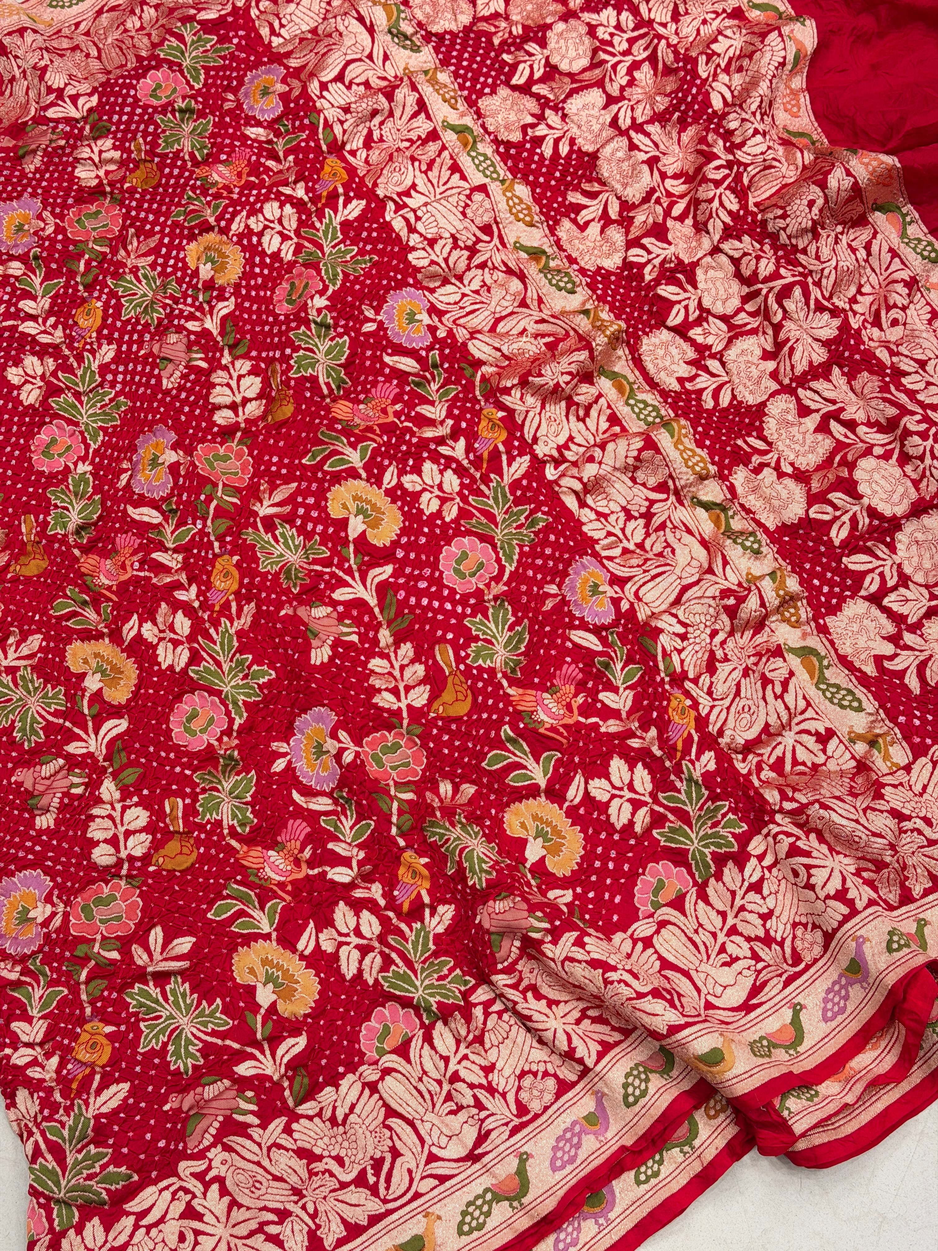 Red Meenakari Meenakari Jaal Peacock Motif Pure Handloom Bandhej Georgette Saree