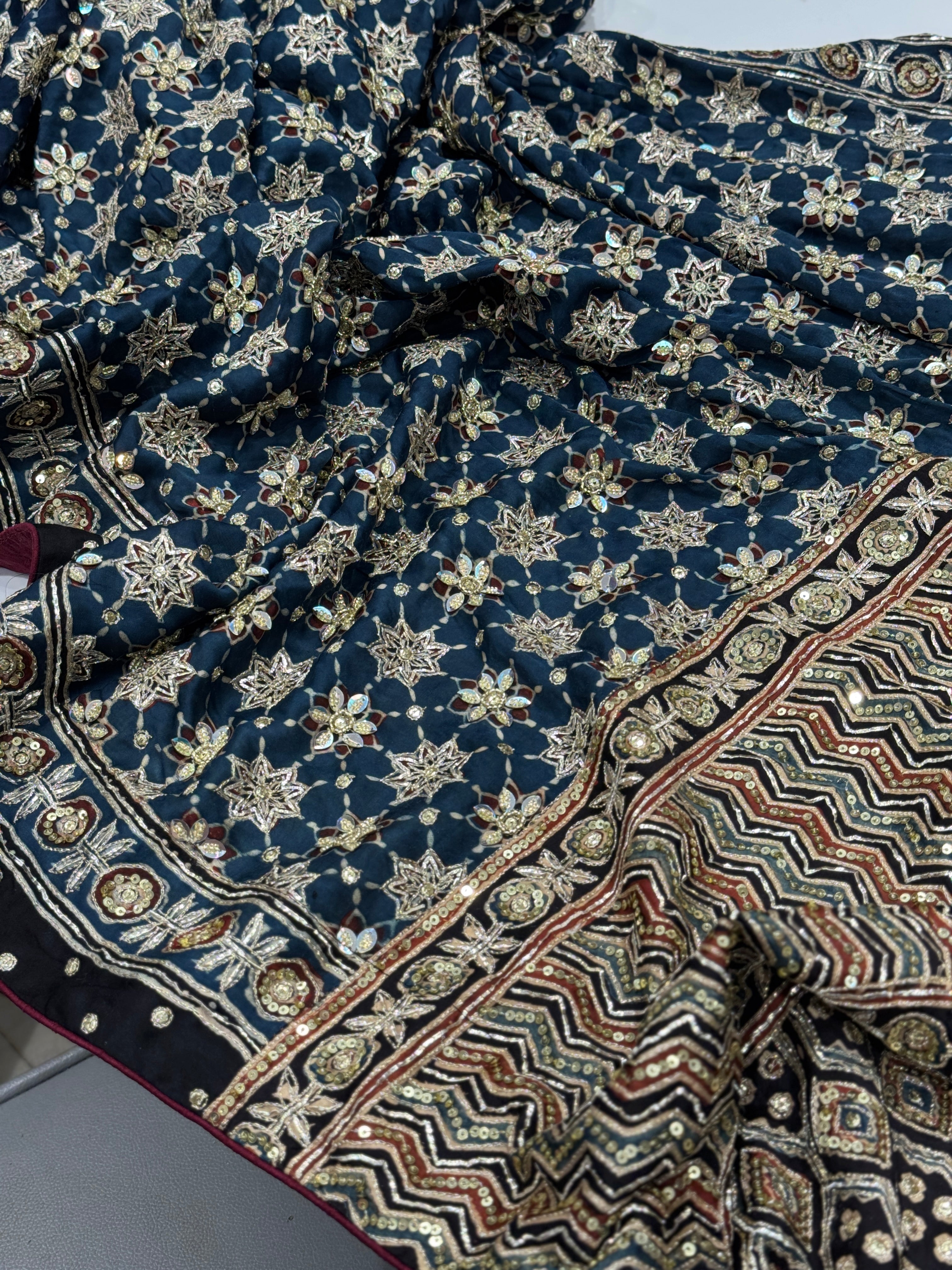 Blue Black Jaal Ajrakh Hand Embroidery Saree