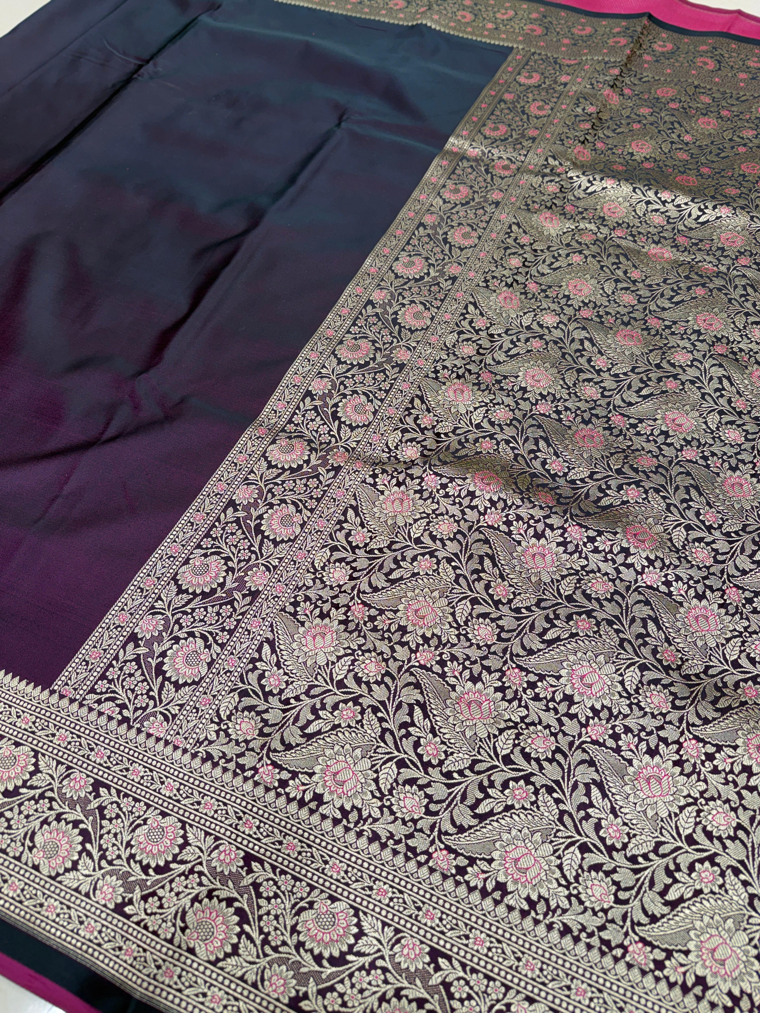 Dark Wine Upside Down Banarasi Raw Mango Style Plain Silk Saree