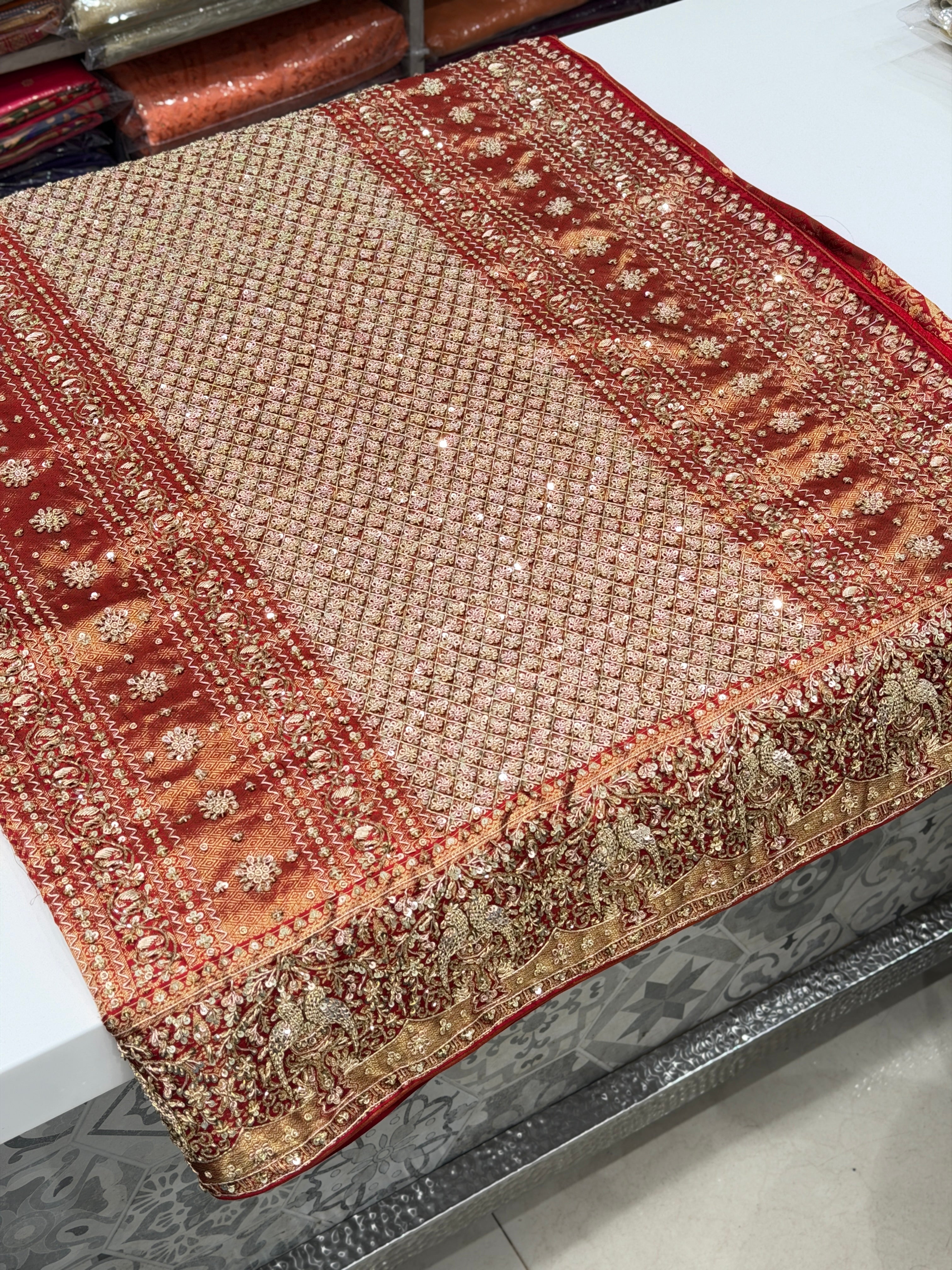 Red Kanjivaram Peacock Motif Hand Embroidery Zardosi Saree