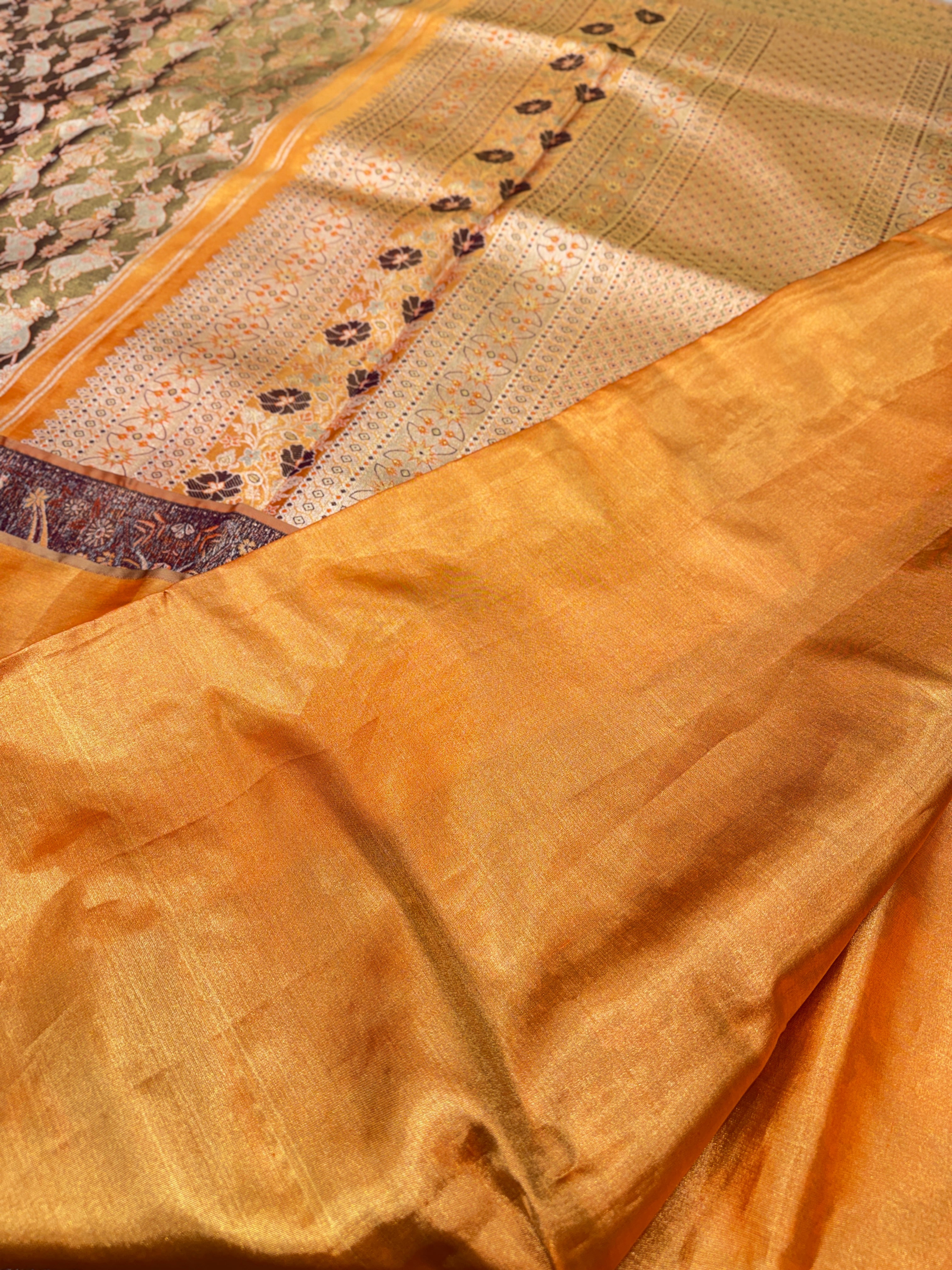 Ocher Nandi Edit Handloom Kanjivaram Tissue Silk Saree