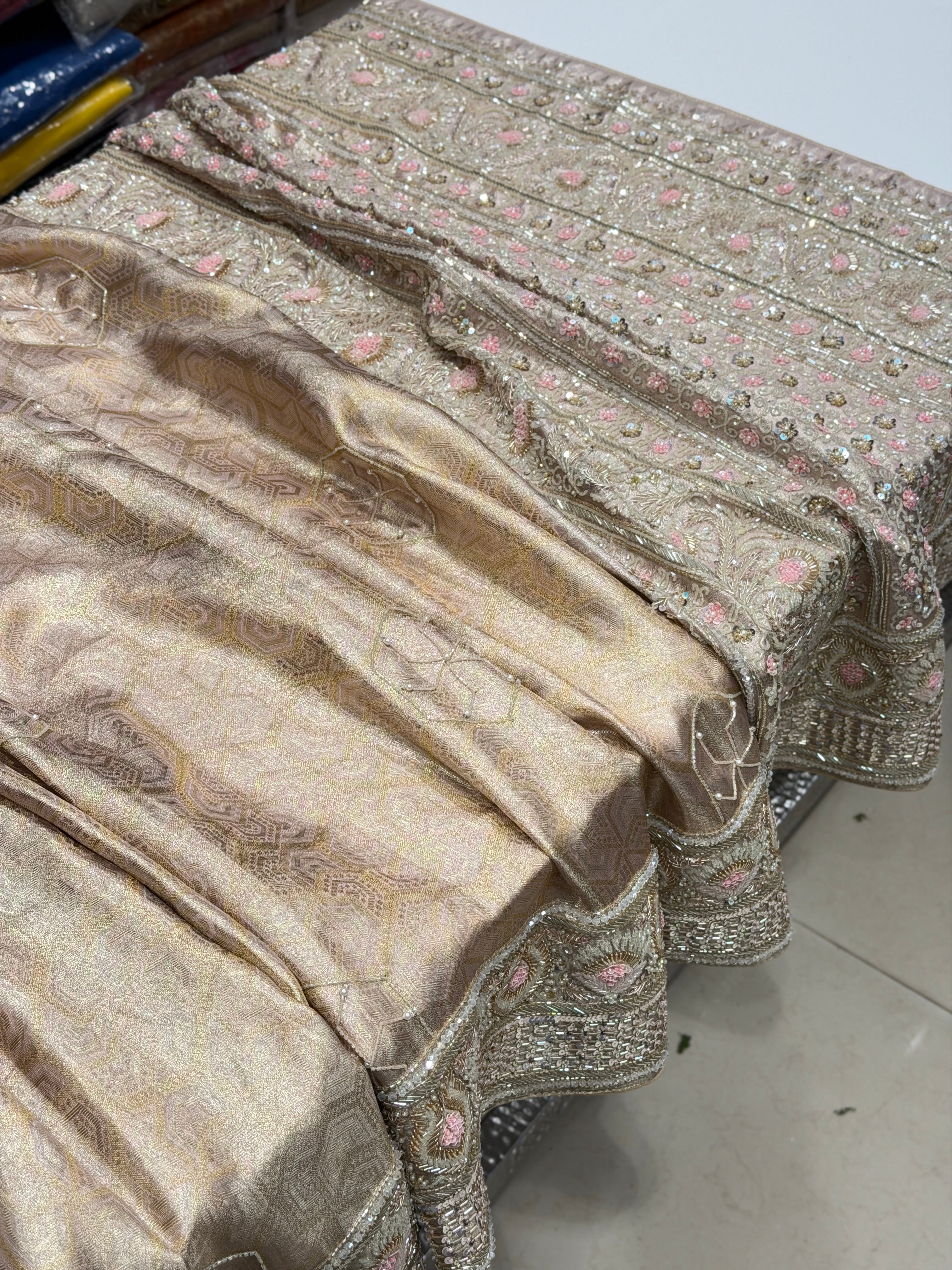 Nude Pink Silver Kanjivaram Three Zari Hand Embroidery Zardosi Moti Sequin Saree