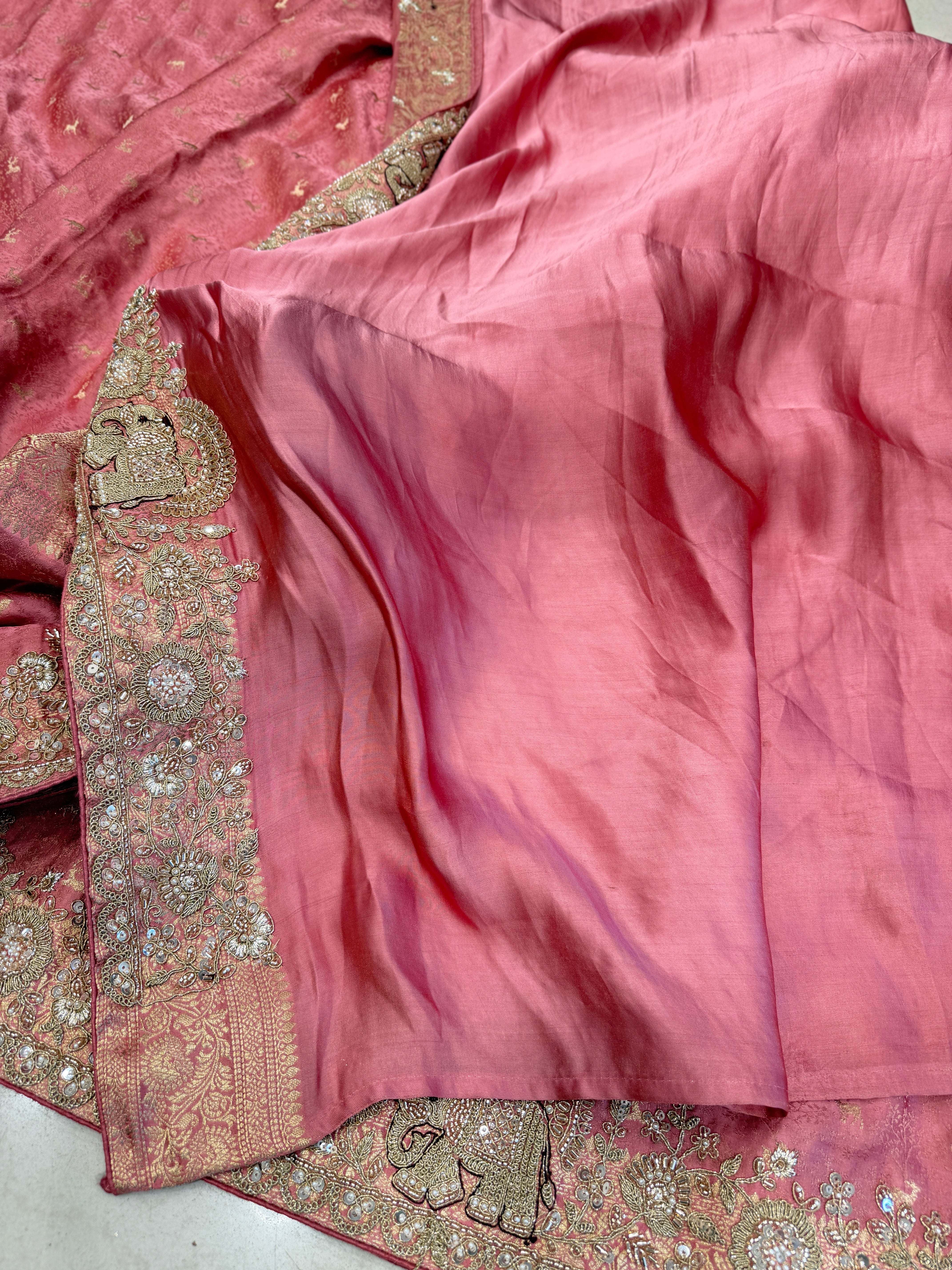 Pink Banarasi Mushru Silk Elephant Motif Embroidery Saree