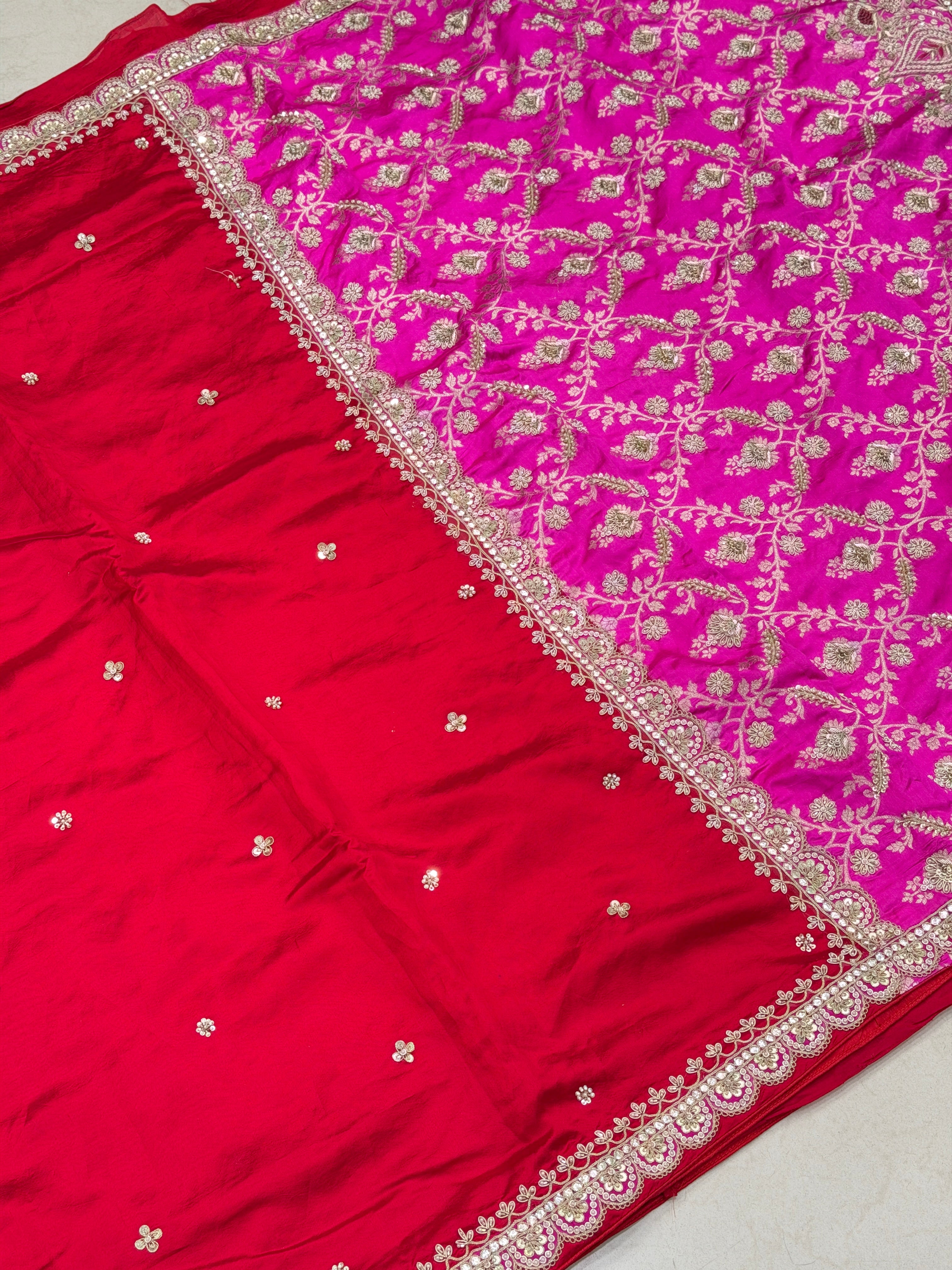 Red Rani Pink Pure Silk Katan Marodi Hand Embroidery Fusion Saree