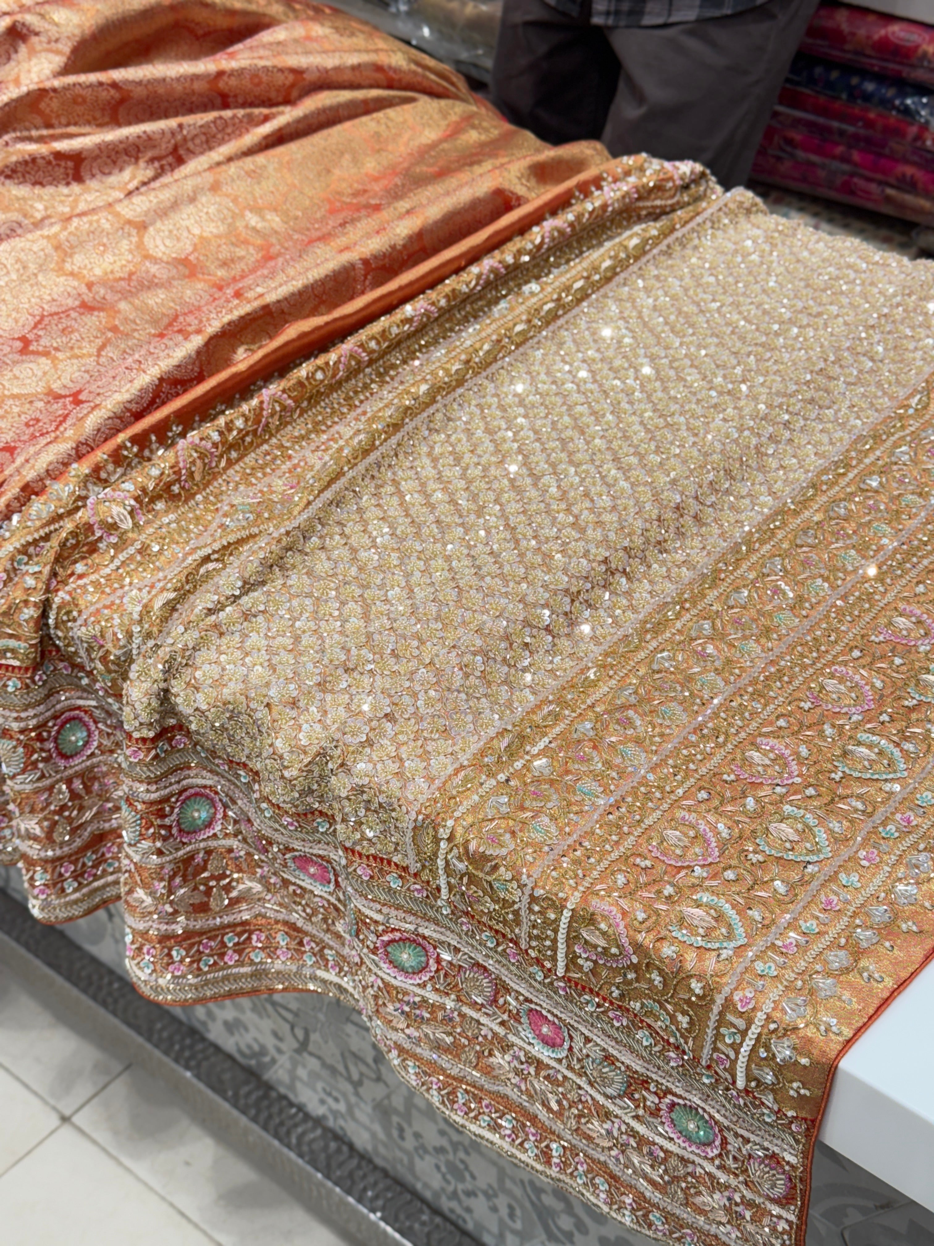 Red Gold Tissue Kanjivaram Hand Embroidery Saree
