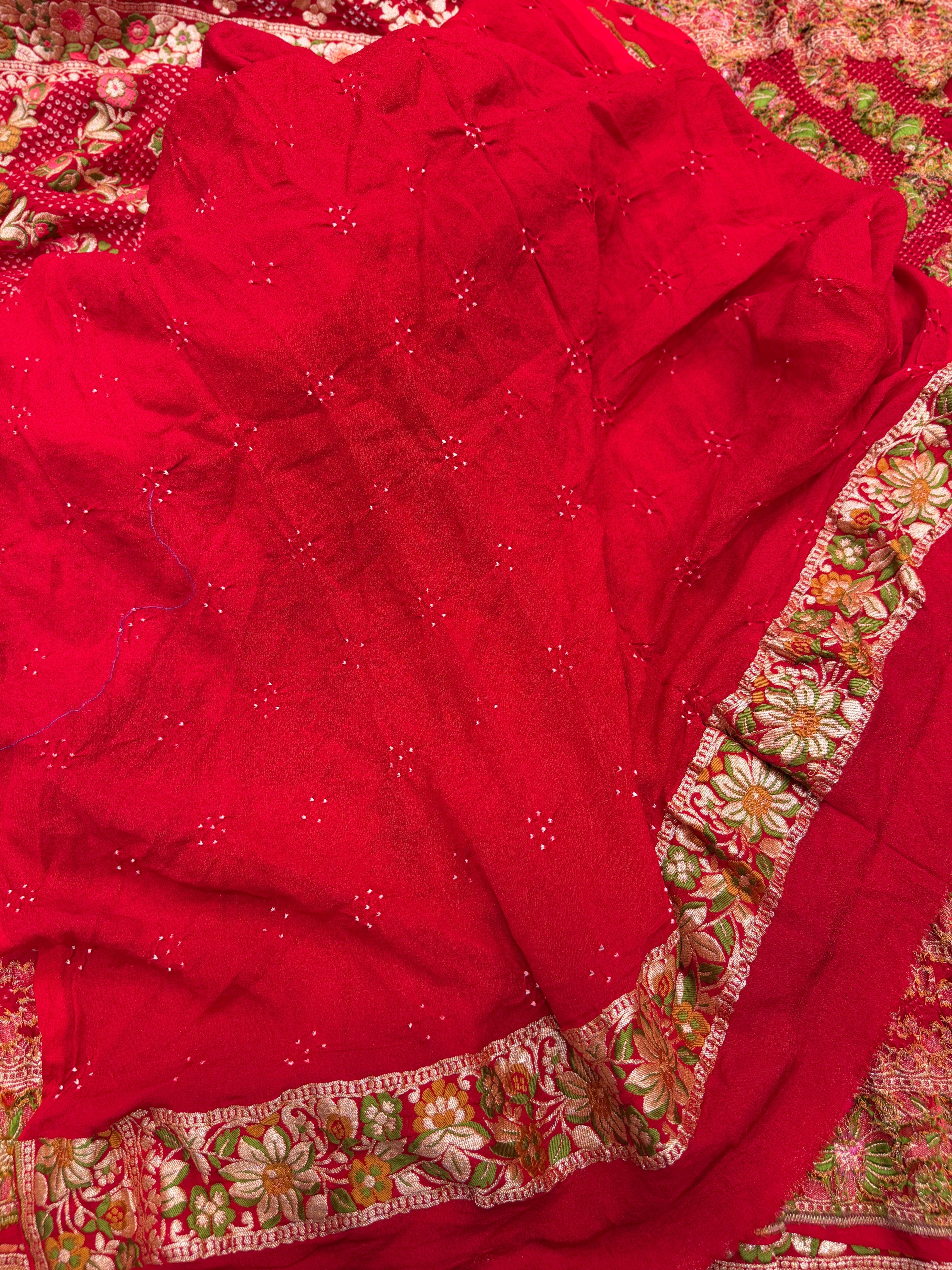 Red Floral Meenakari Georgette Rai Bandhej Saree