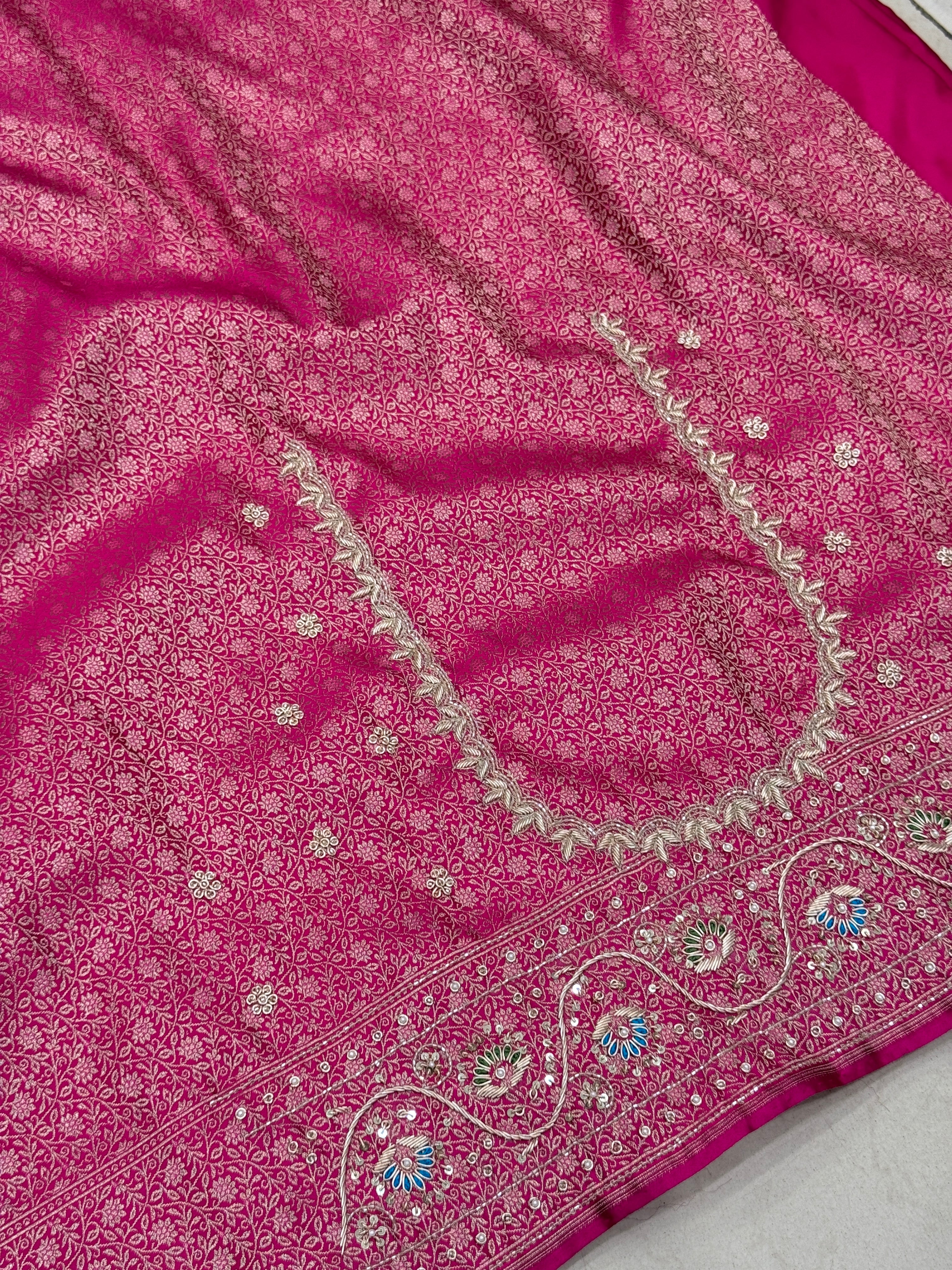 Rani Banarasi Silk Meenakari Border Hand Embroidery Saree