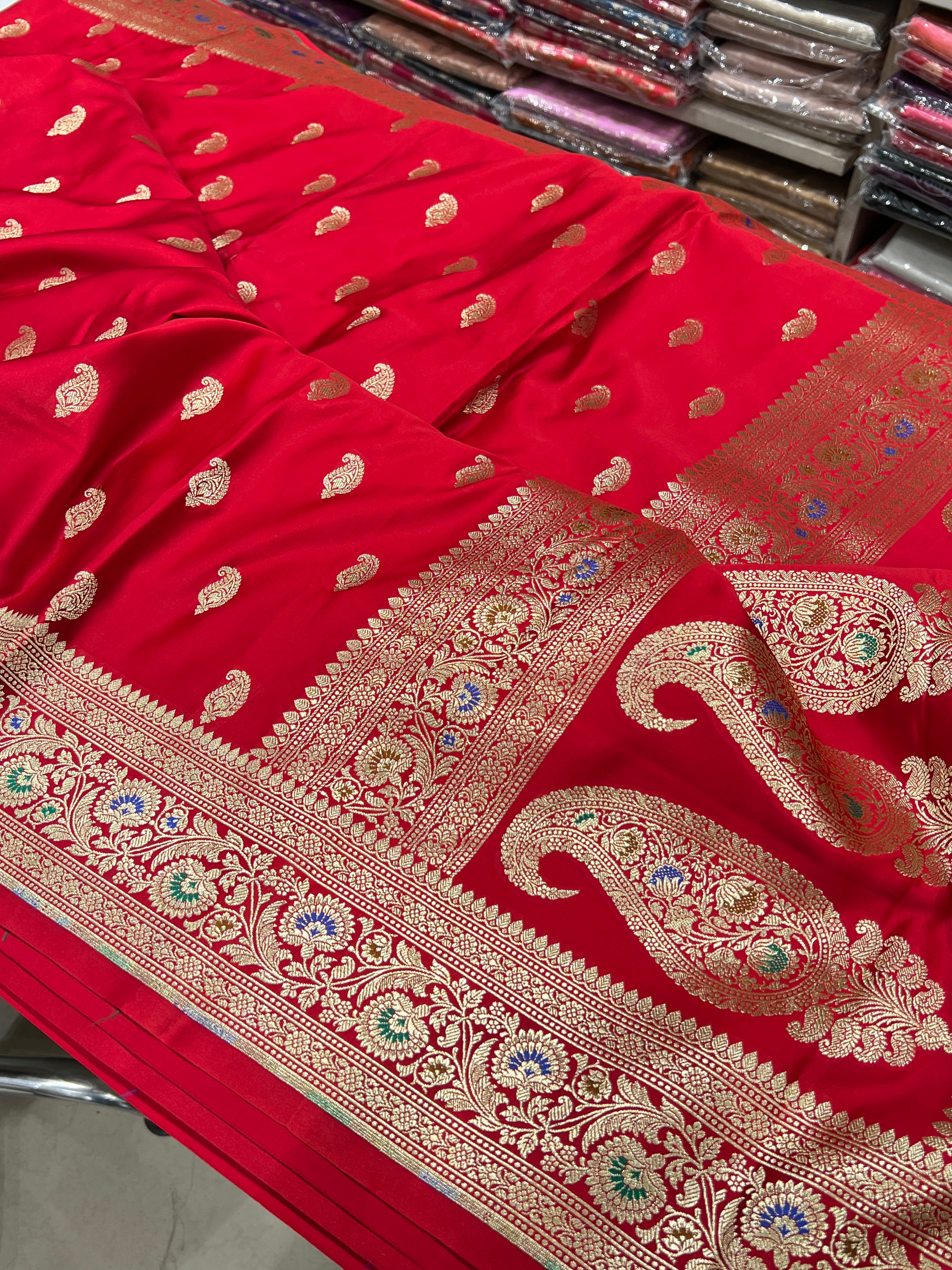 Red Banarasi Silk Meenakari Border Butti Saree