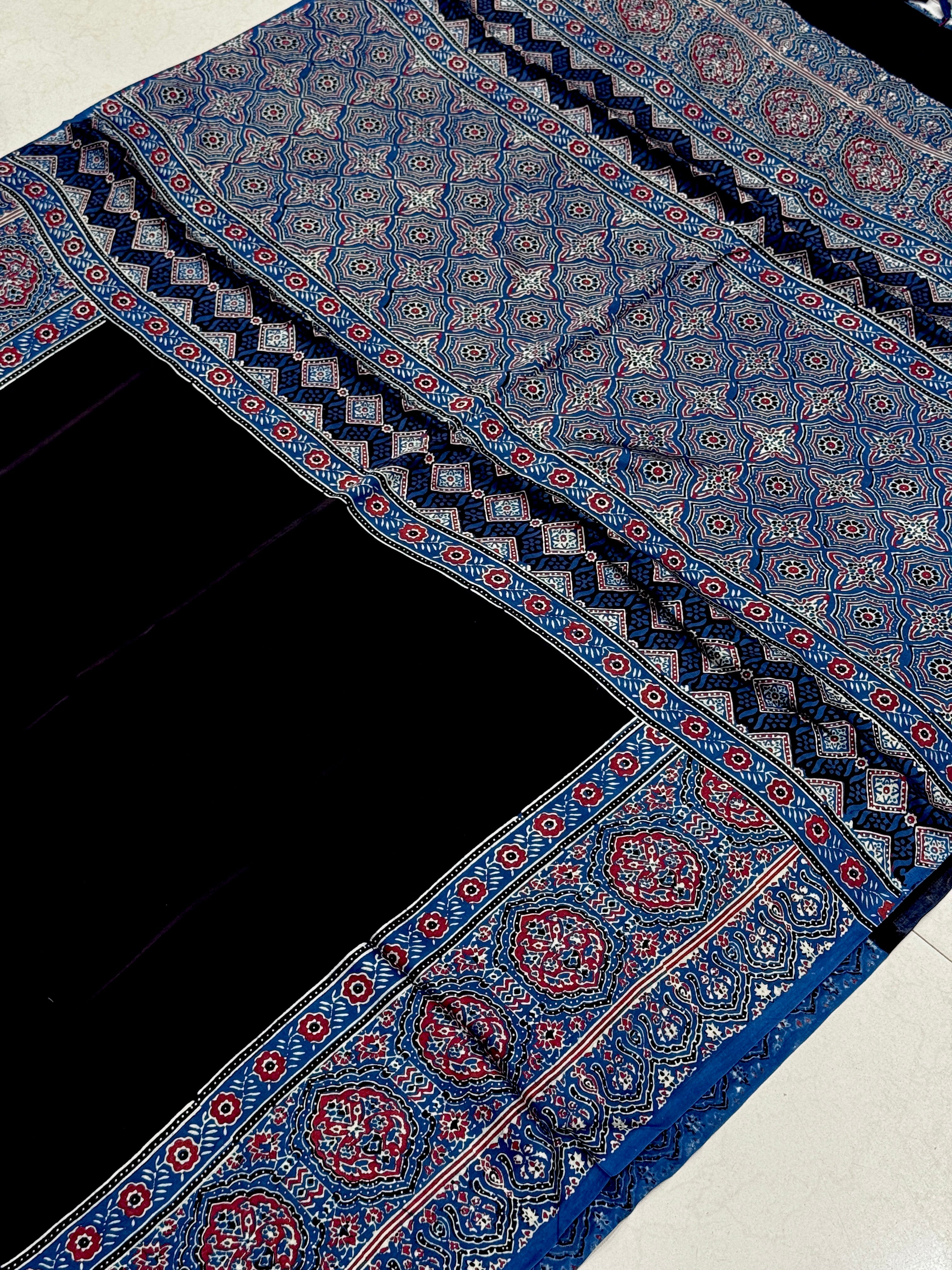 Black Plain Border Hand Block Print Ajrkah Pure Gajji Silk Saree