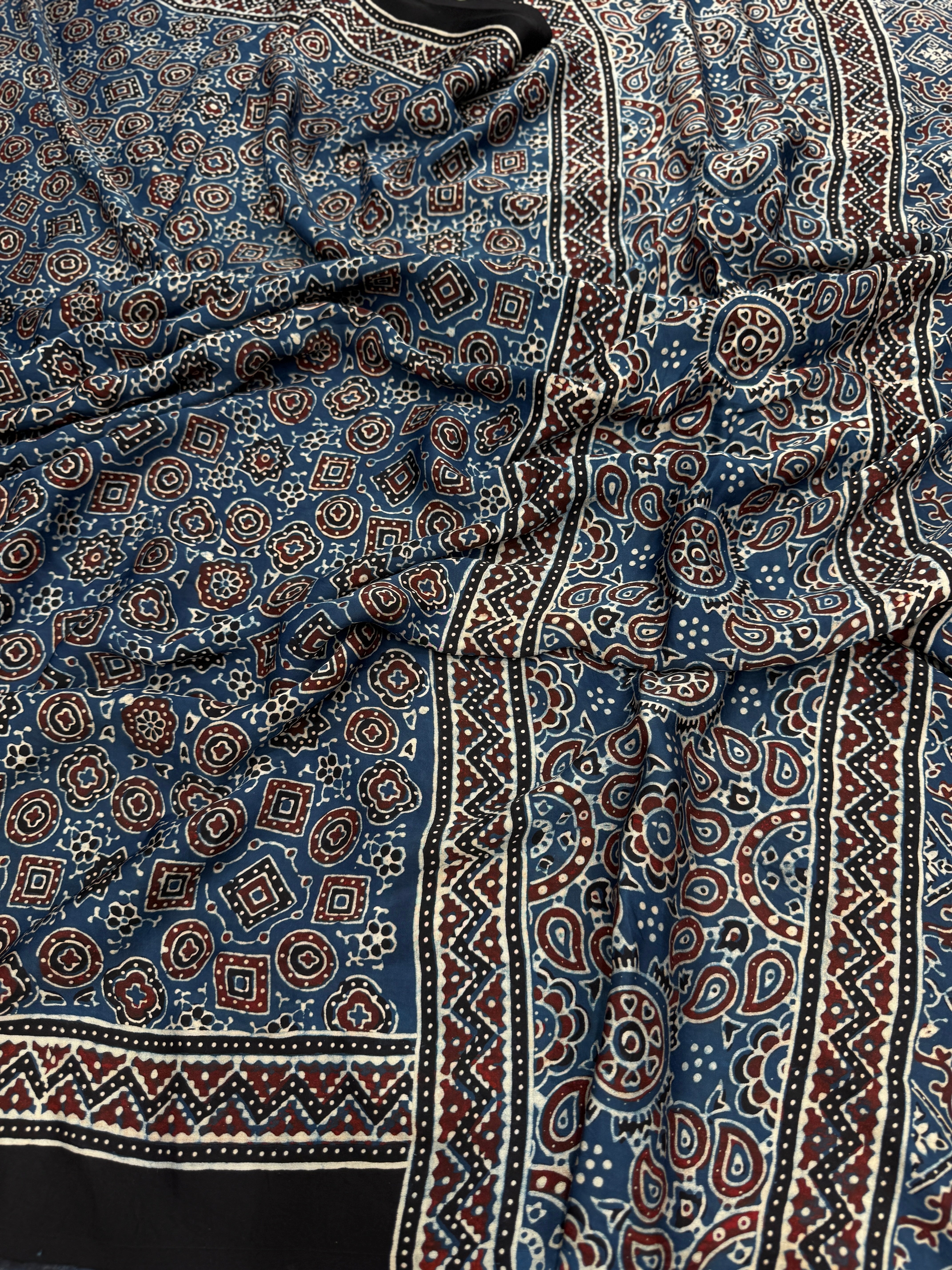 Blue Brown Ajrakh Hand Block Print Pure Gajji Silk Saree