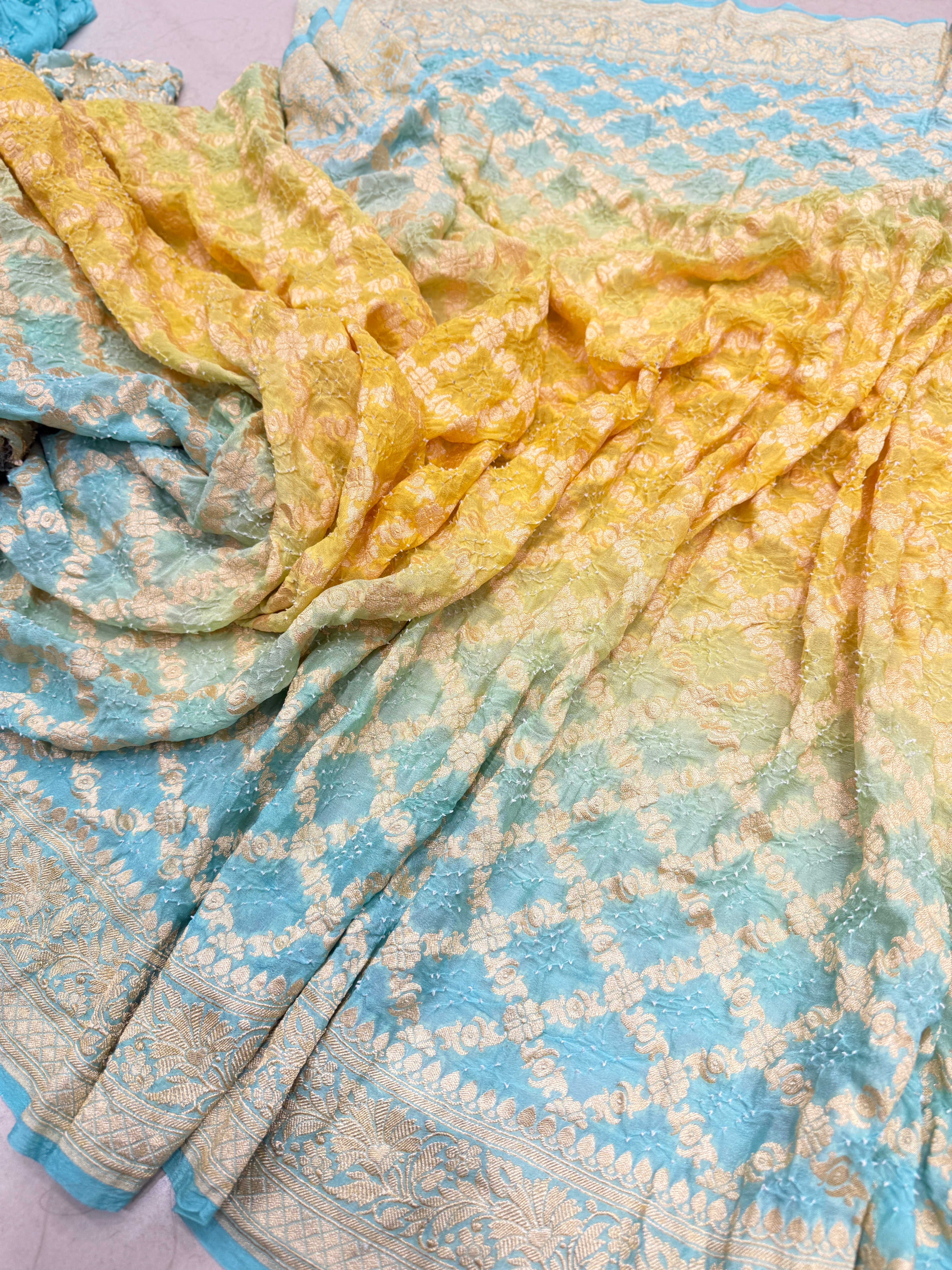 Blue Yellow Shaded Floral Border Bandhej Bandhini Saree