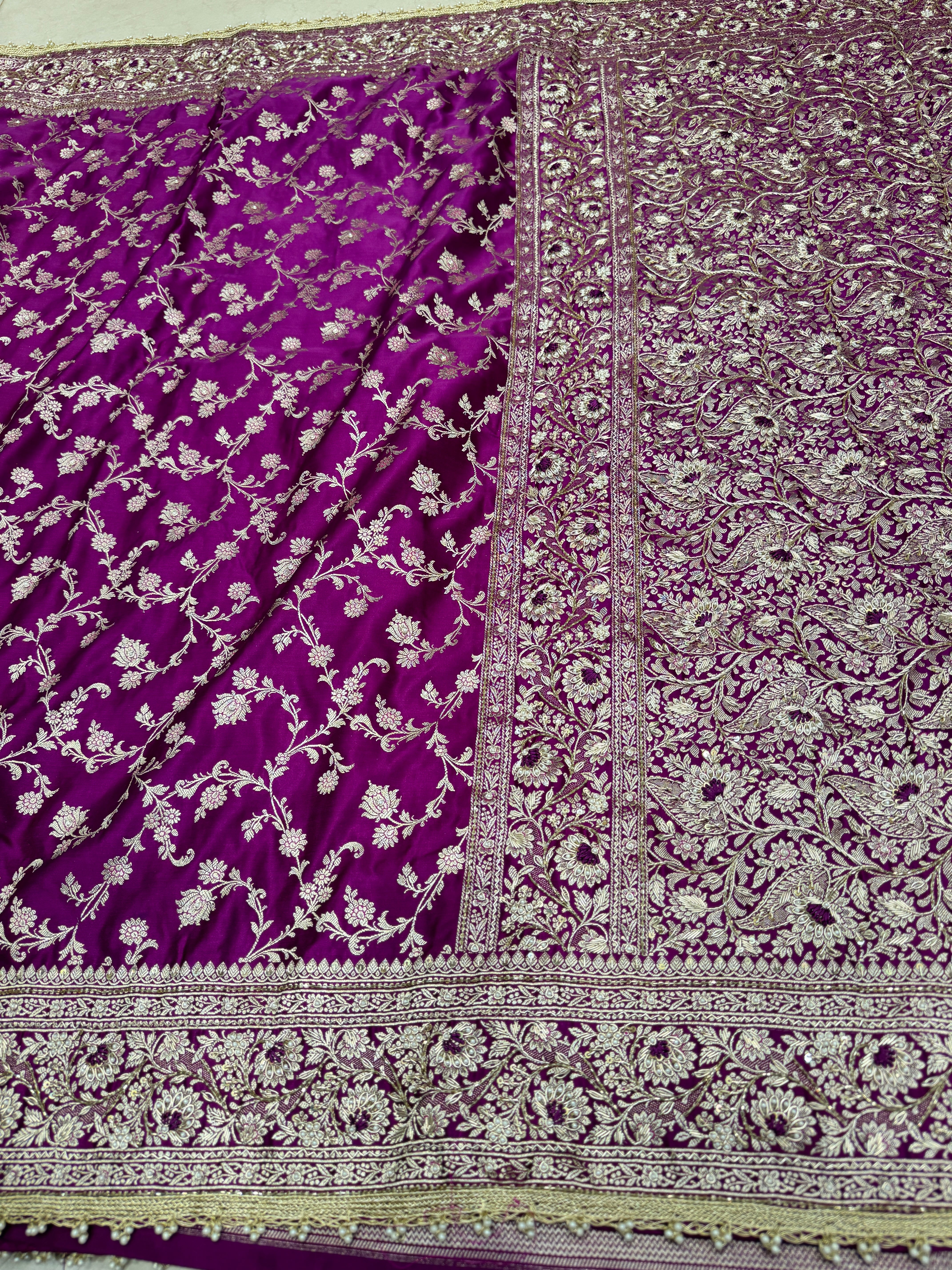 Wine Banarasi Upside Down Hand Embroidery Zardosi Resham Saree