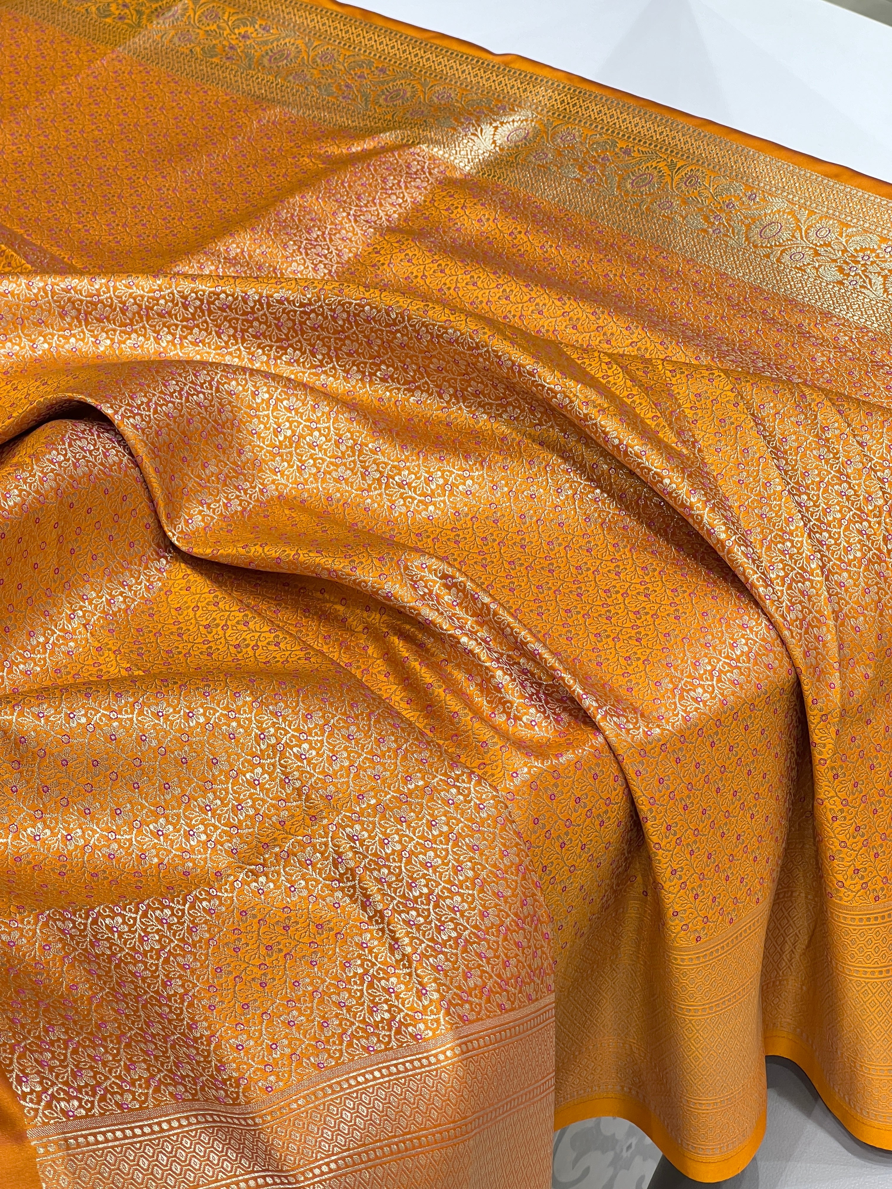 Mango Yellow Banarasi Flower Border Saree