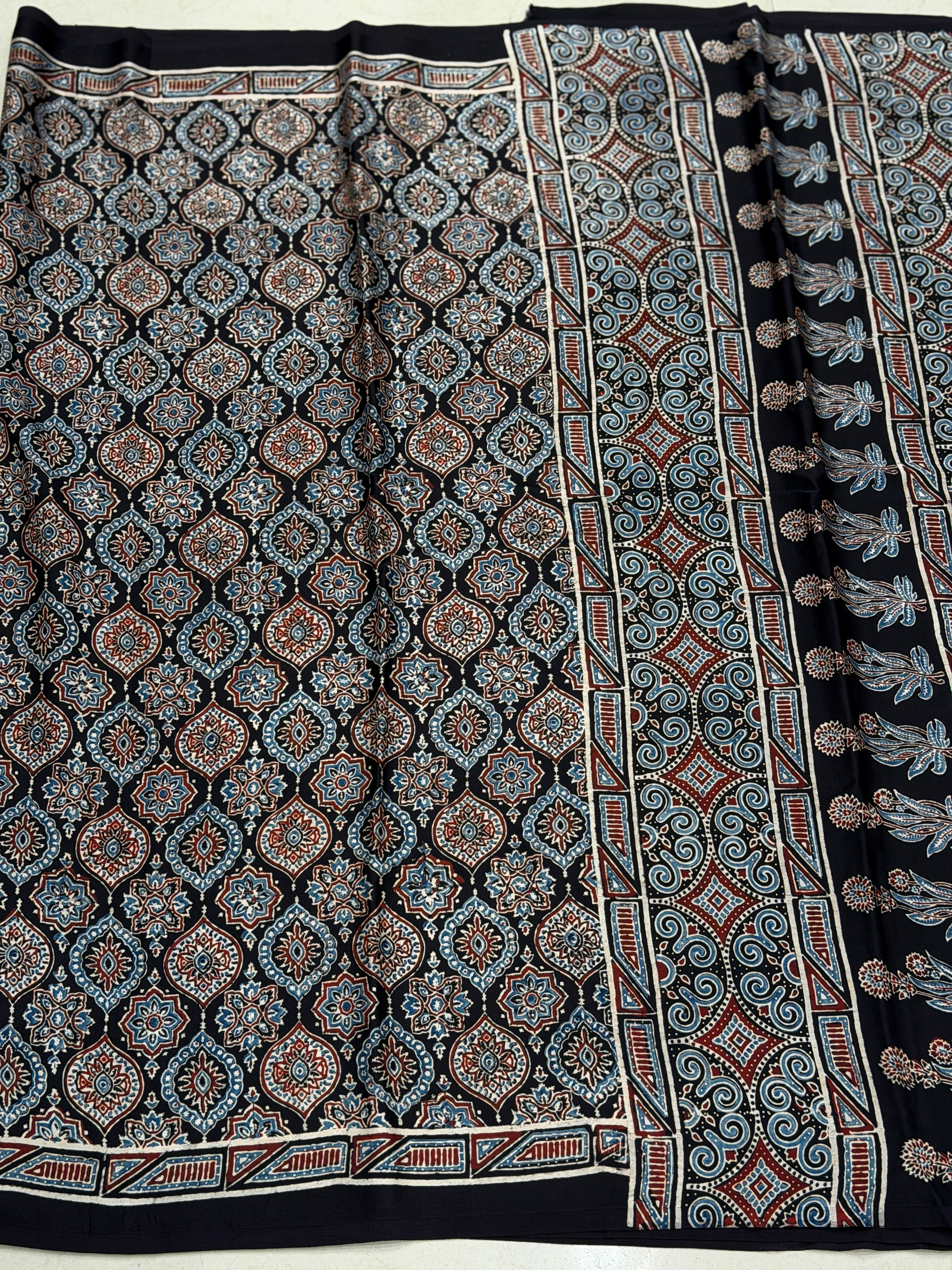 Black Small Badam Butta Ajrakh Hand Block Print Pure Modal Silk Saree