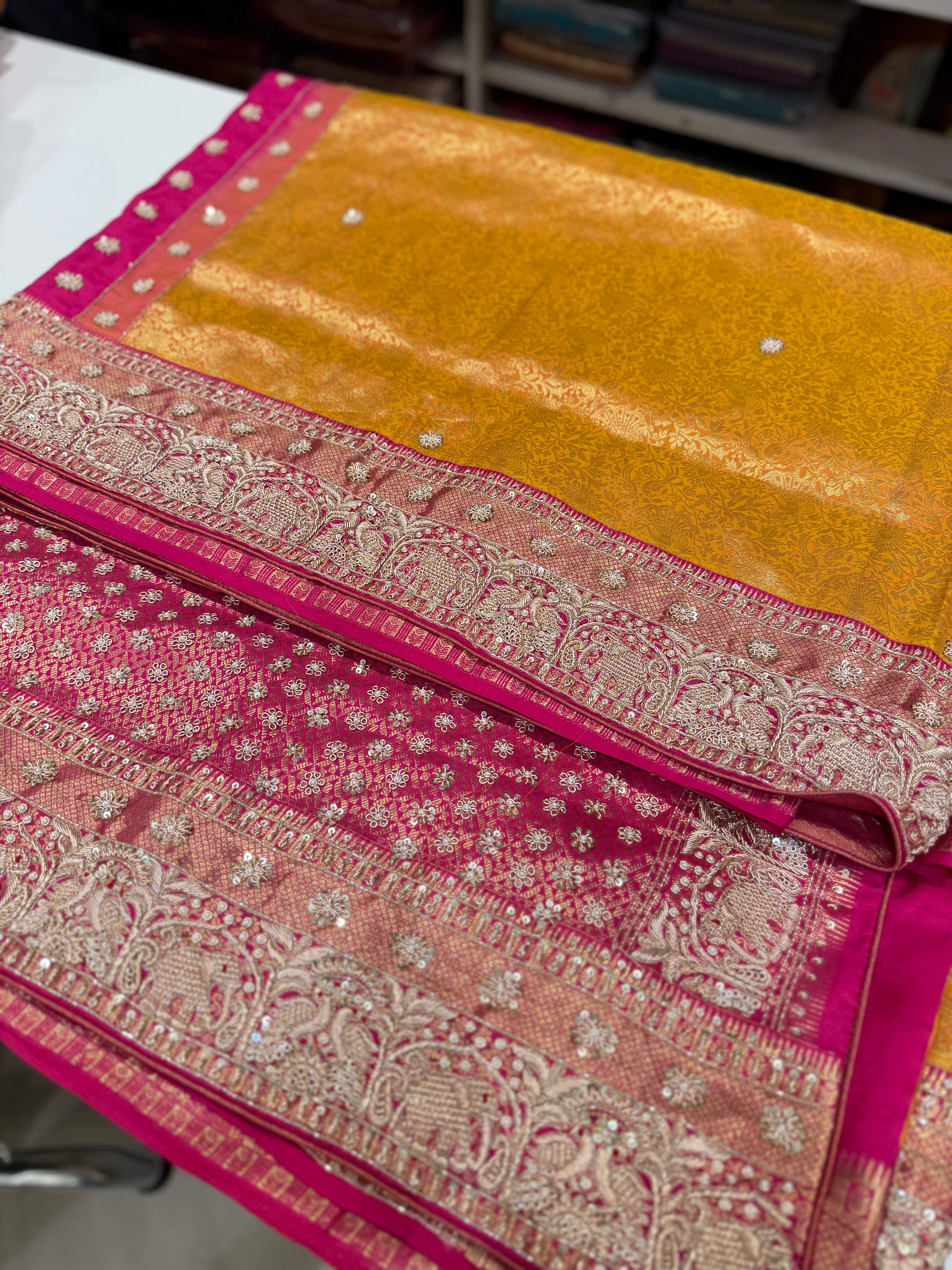 Mustard Yellow Kanjivaram Elephant Motifs Zardosi Hand Embroidery Saree