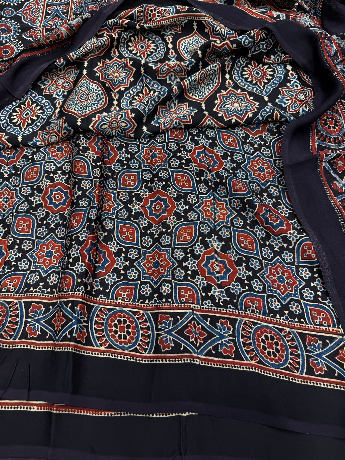 Black Badam Butta Jaal Ajrakh Hand Block Print Pure Gajji Silk Saree
