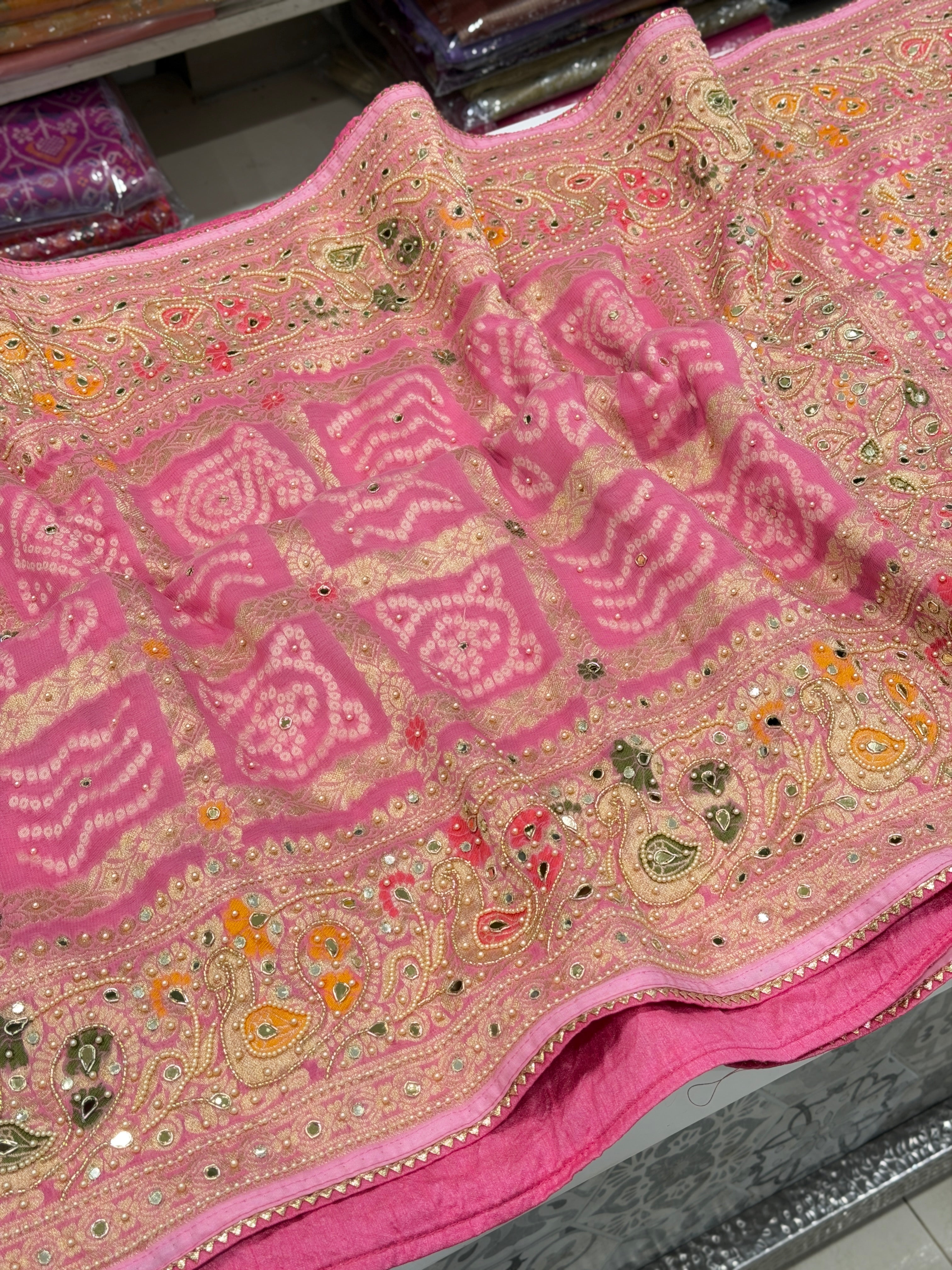 Pink Gharchola Moti Hand Embroidery Saree