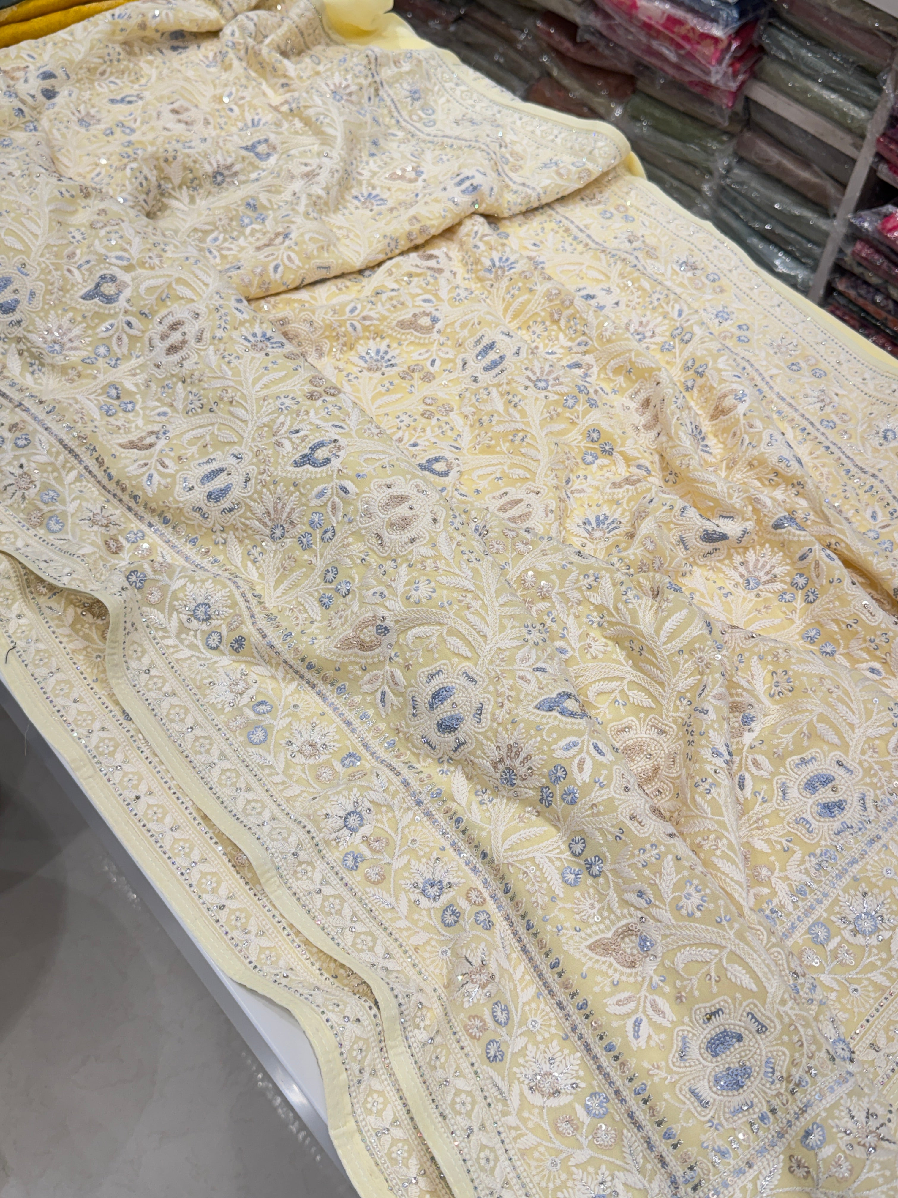Yellow Chikankari Saree Floral Design