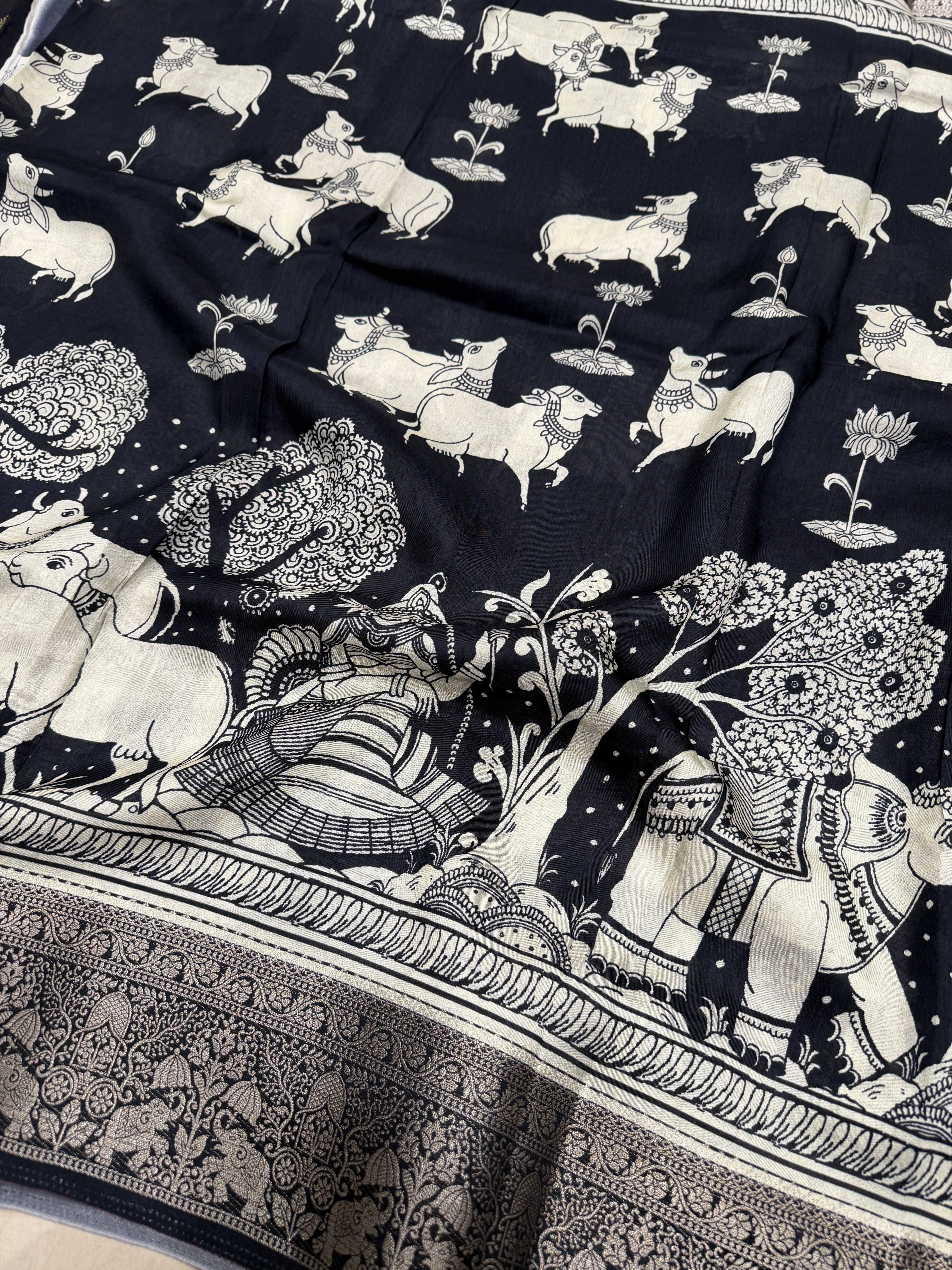 Black and White Printed Pichwai Munga Silk Saree