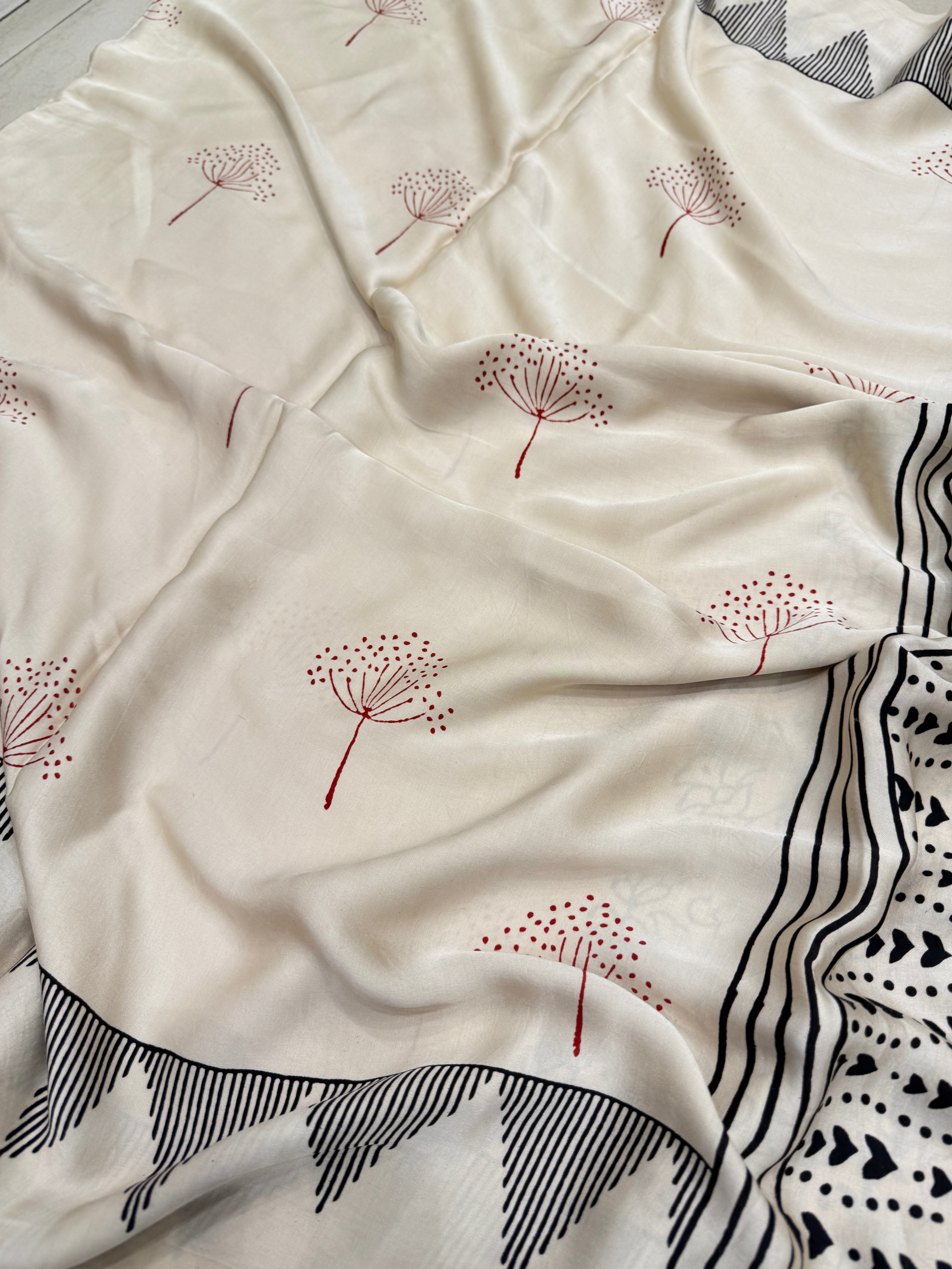 White Red Butta Ajrakh Block Print Hand Pure Gajji Silk Saree