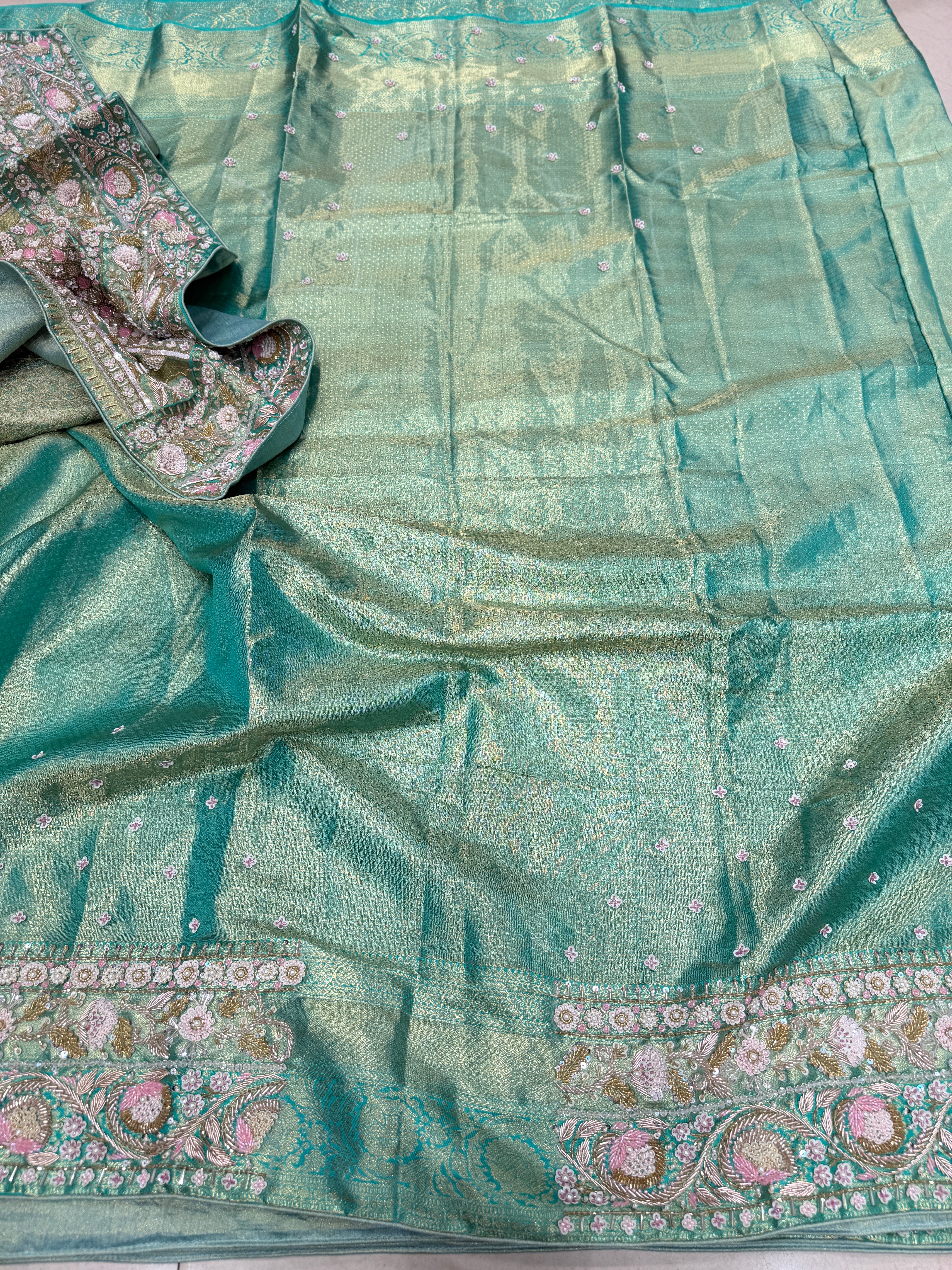 Pista Green Floral Tissue Kanjivaram Hand Embroidery Saree