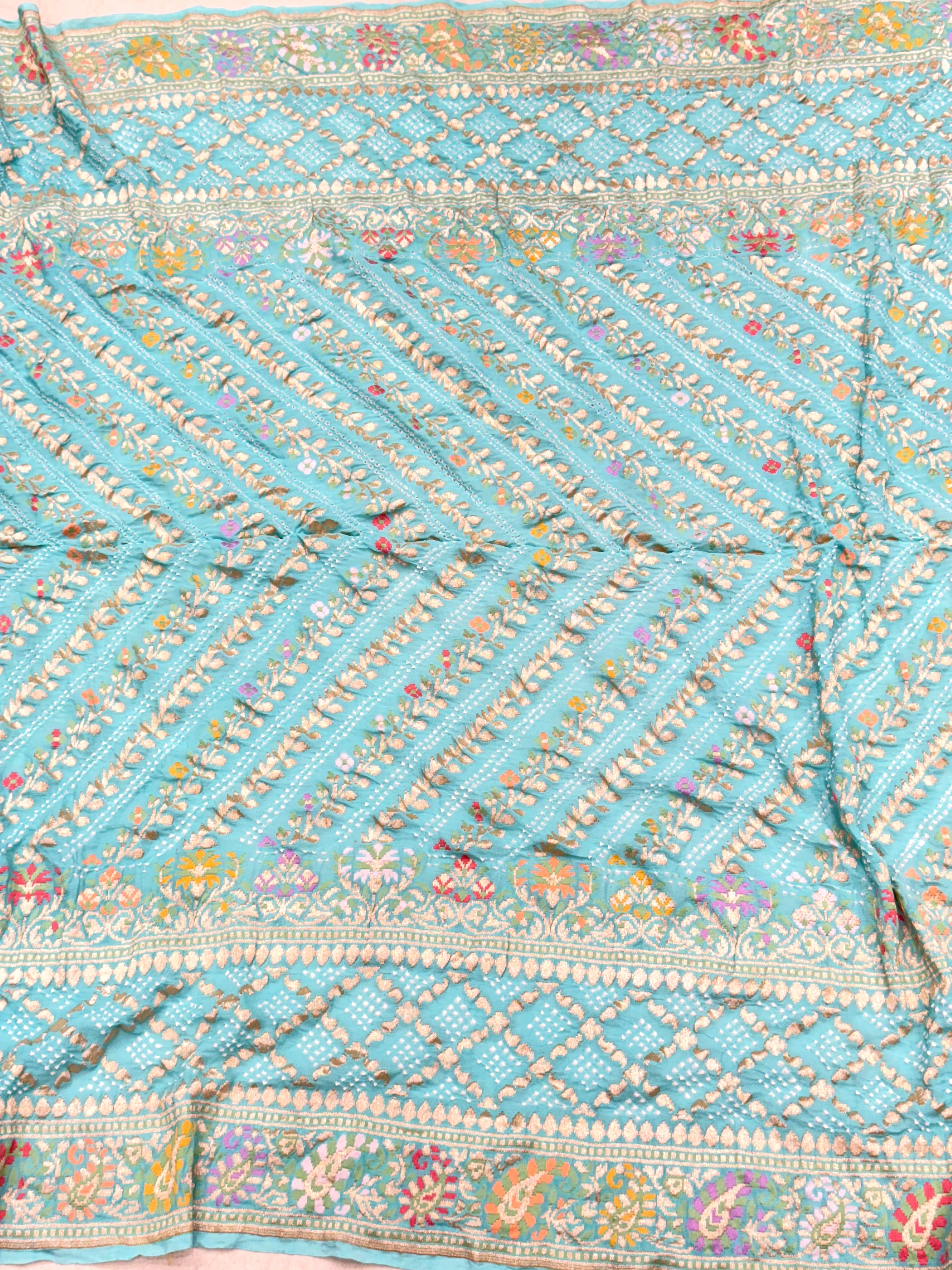 Light Blue Double Border Meenakari Rai Bandhej Georgette Bandhini Saree