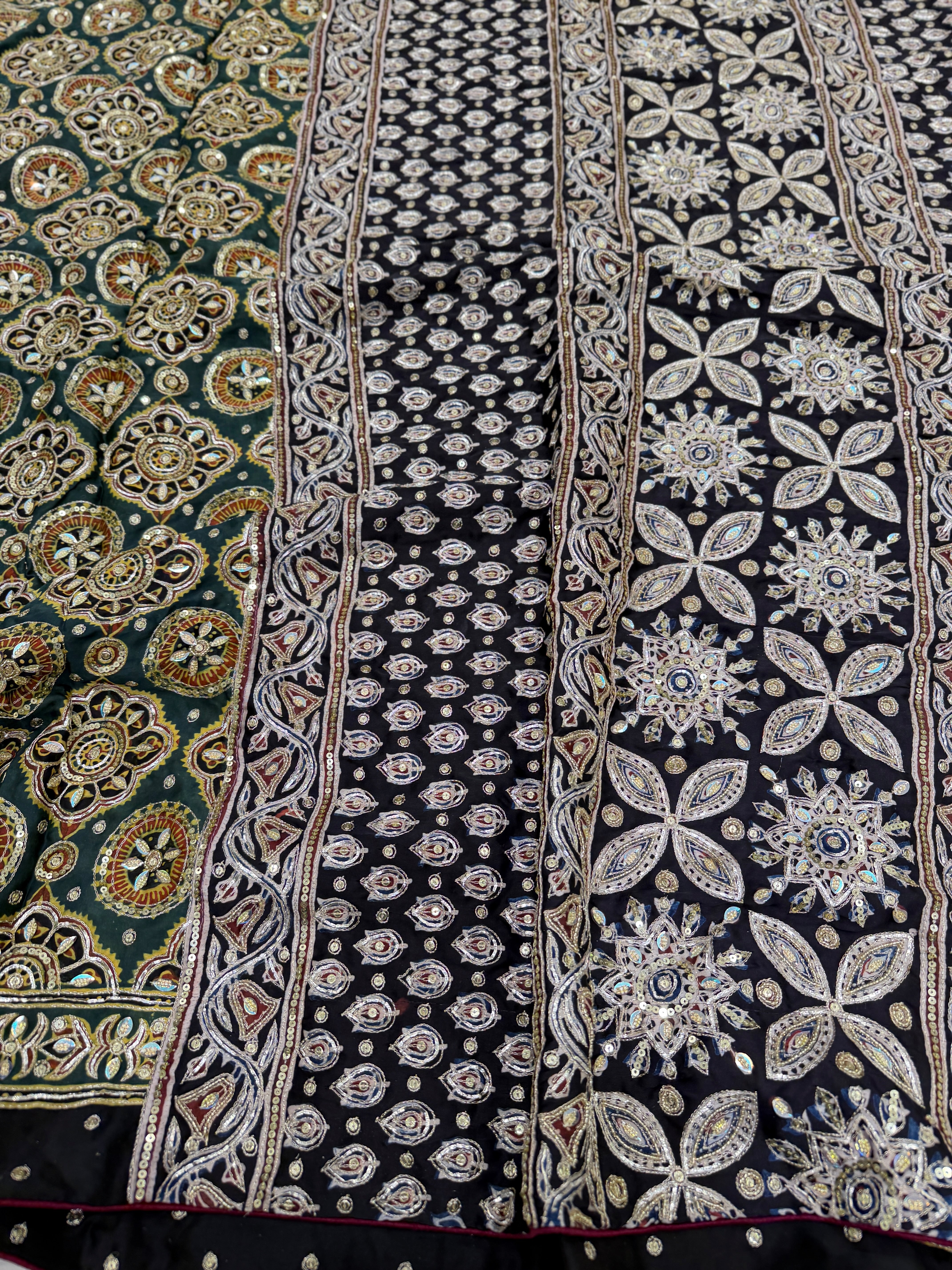 Green Jaal Pita Zardosi Sequin Ajrakh Hand Embroidery Saree