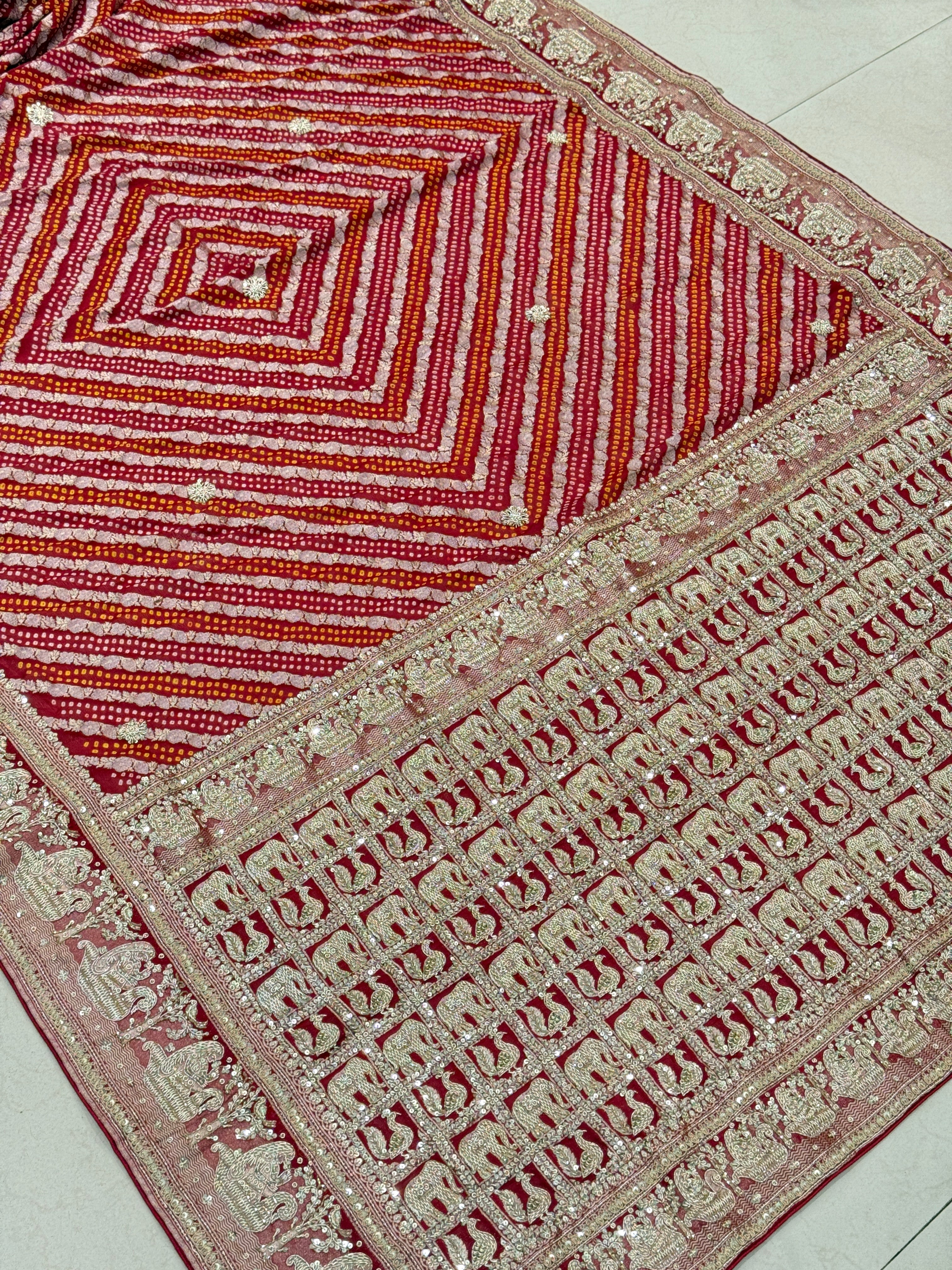 Red Sona Roopa Rai Bandhej Georgette Zardosi Hand Embroidery Saree