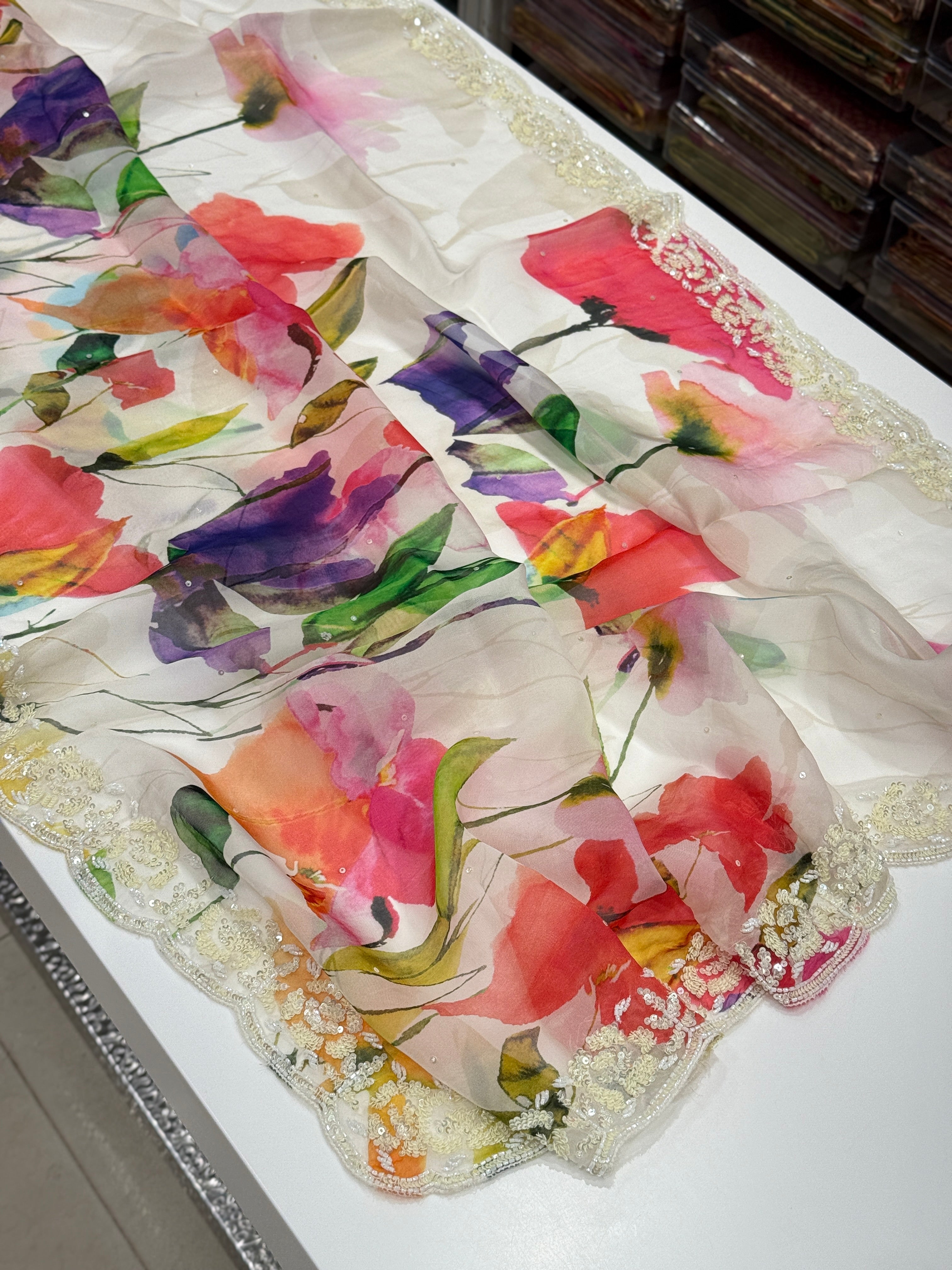 Multi Colour Print Muslin Border Heavy Hand Embroidery Saree