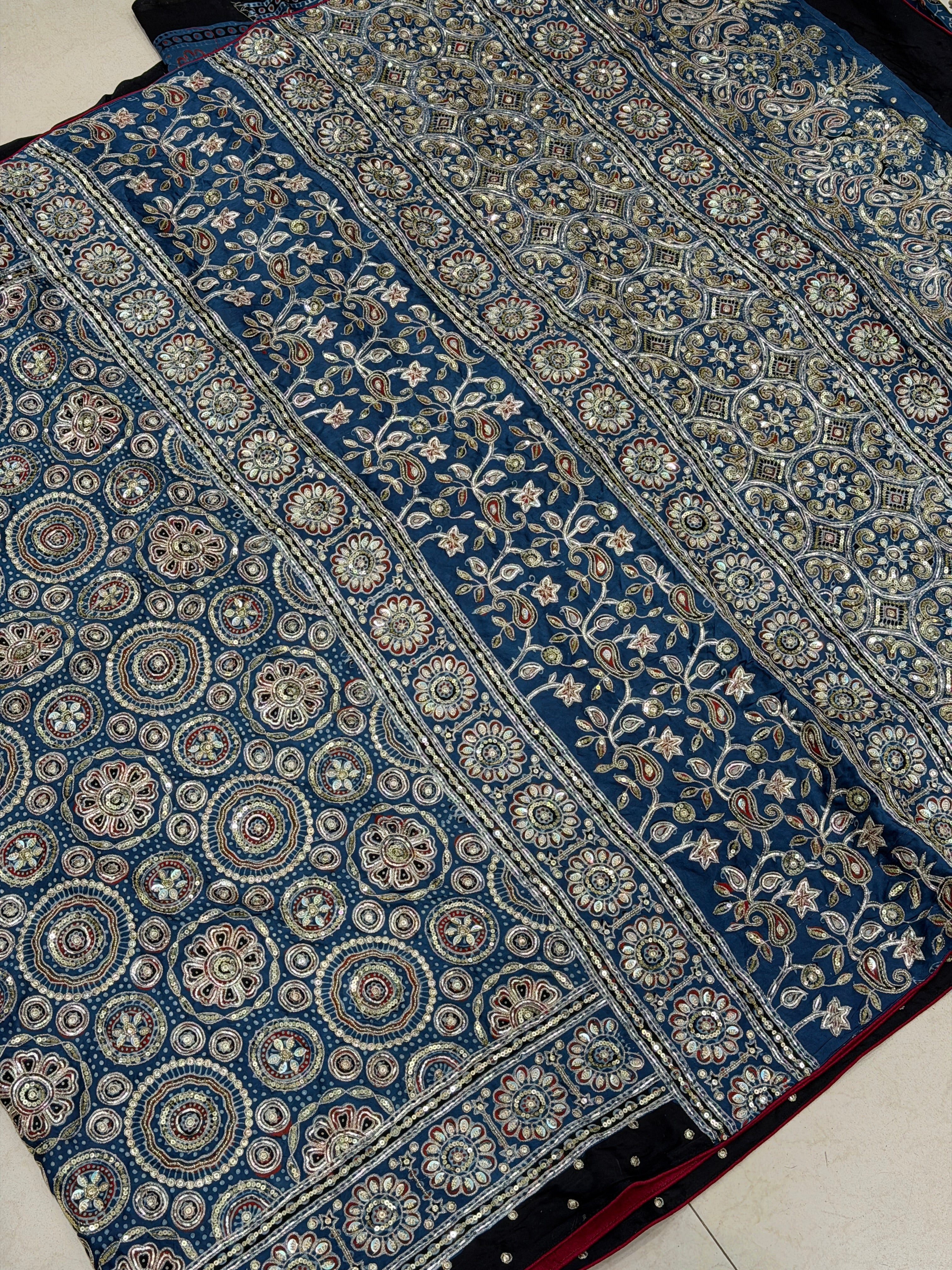 Blue Ajrakh Badam Jaal Pita Sequin Moti Hand Embroidery Saree