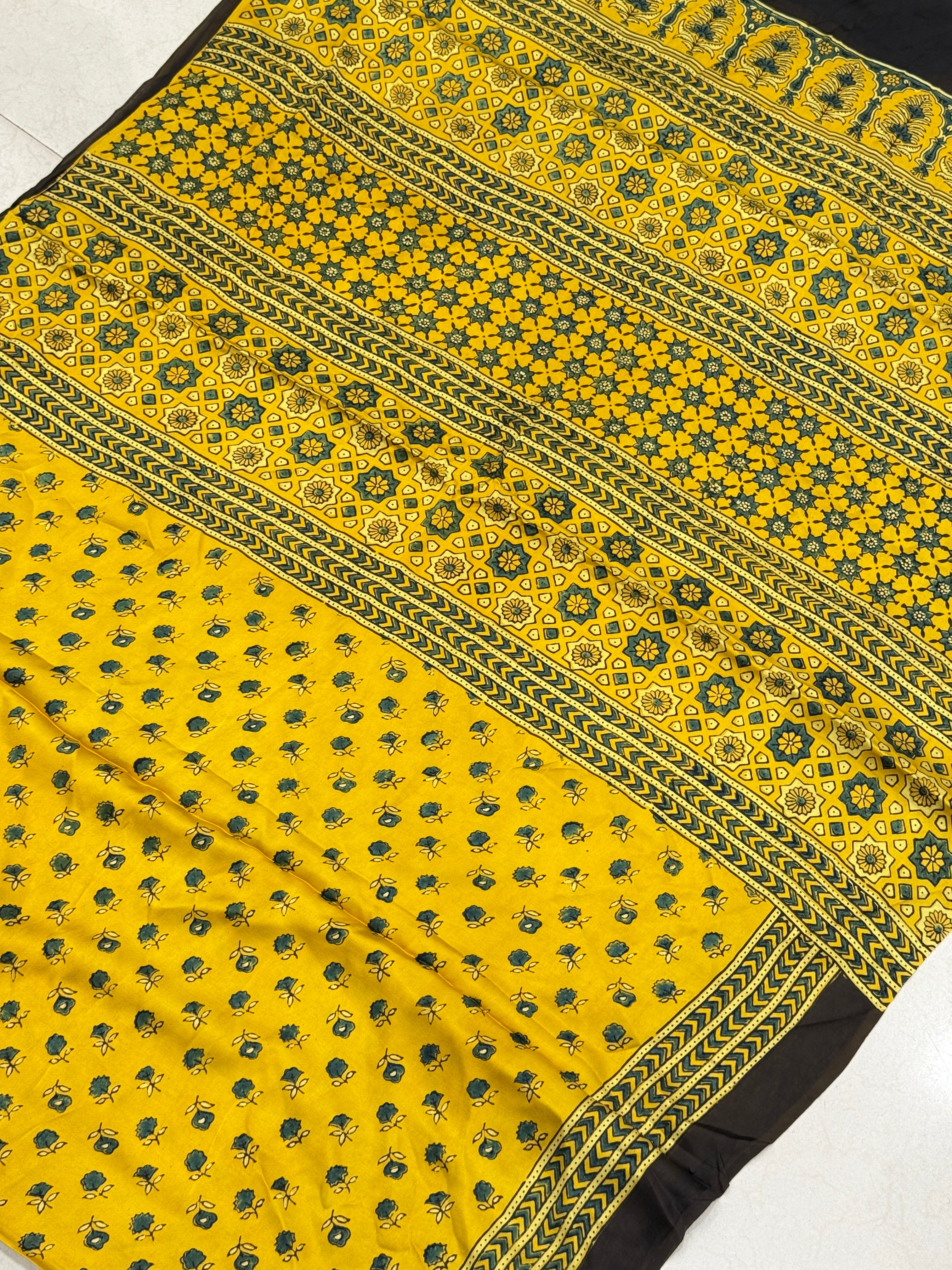 Yellow Butti Modal Silk Ajrakh Saree